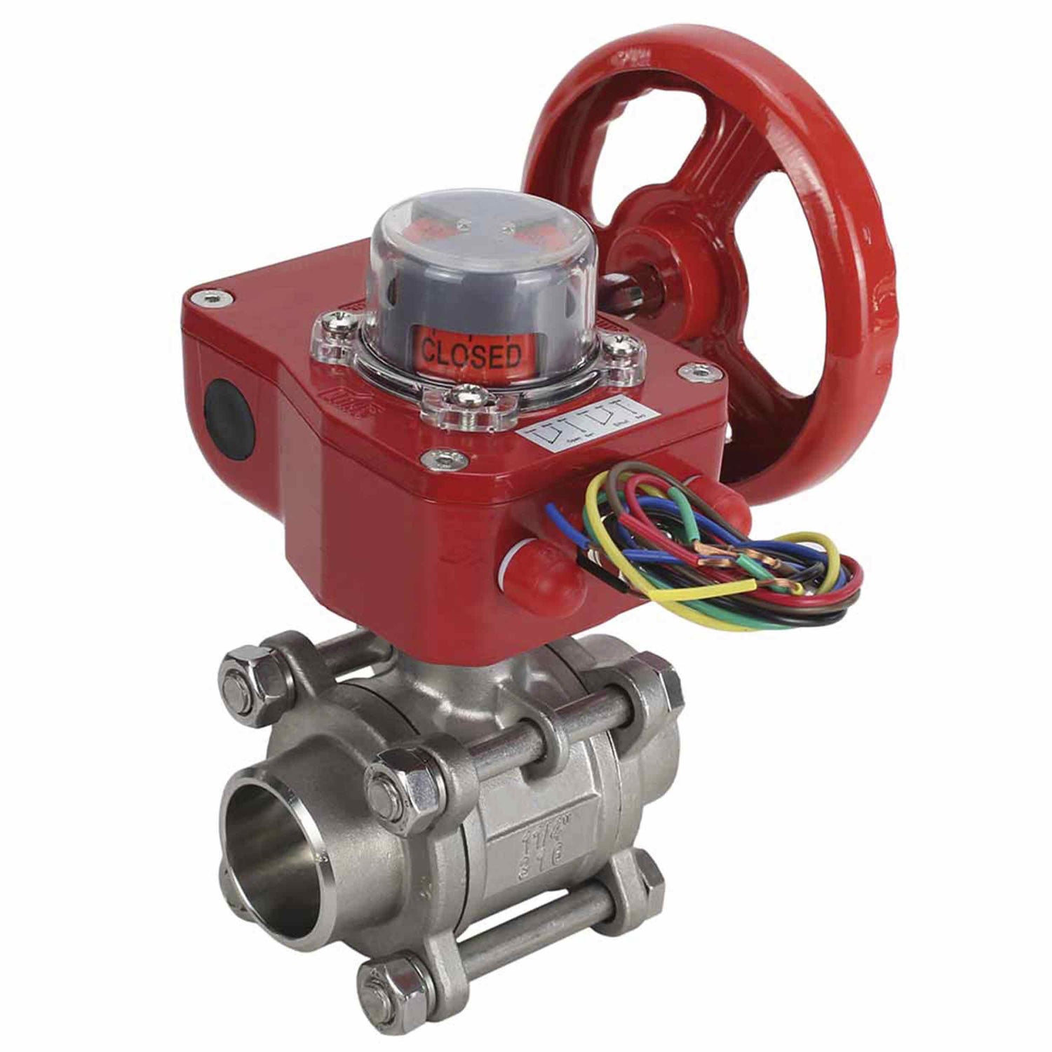 Válvula de bola de acero inoxidable Elephant BVPP 316.200-ISO 914 PSI para soldar, paso completo, material del cuerpo - acero inoxidable AISI 316, con brida ISO y reductor Elephant GBBF con indicador de posición y sensor de retroalimentación