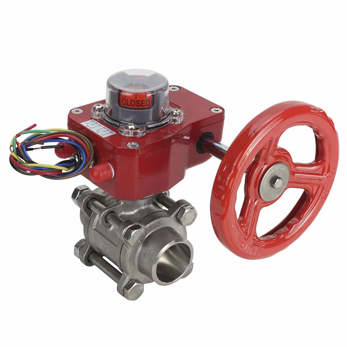 Válvula de bola de acero inoxidable Elephant BVPP 316.200-ISO 914 PSI para soldar, paso completo, material del cuerpo - acero inoxidable AISI 316, con brida ISO y reductor Elephant GBBF con indicador de posición y sensor de retroalimentación