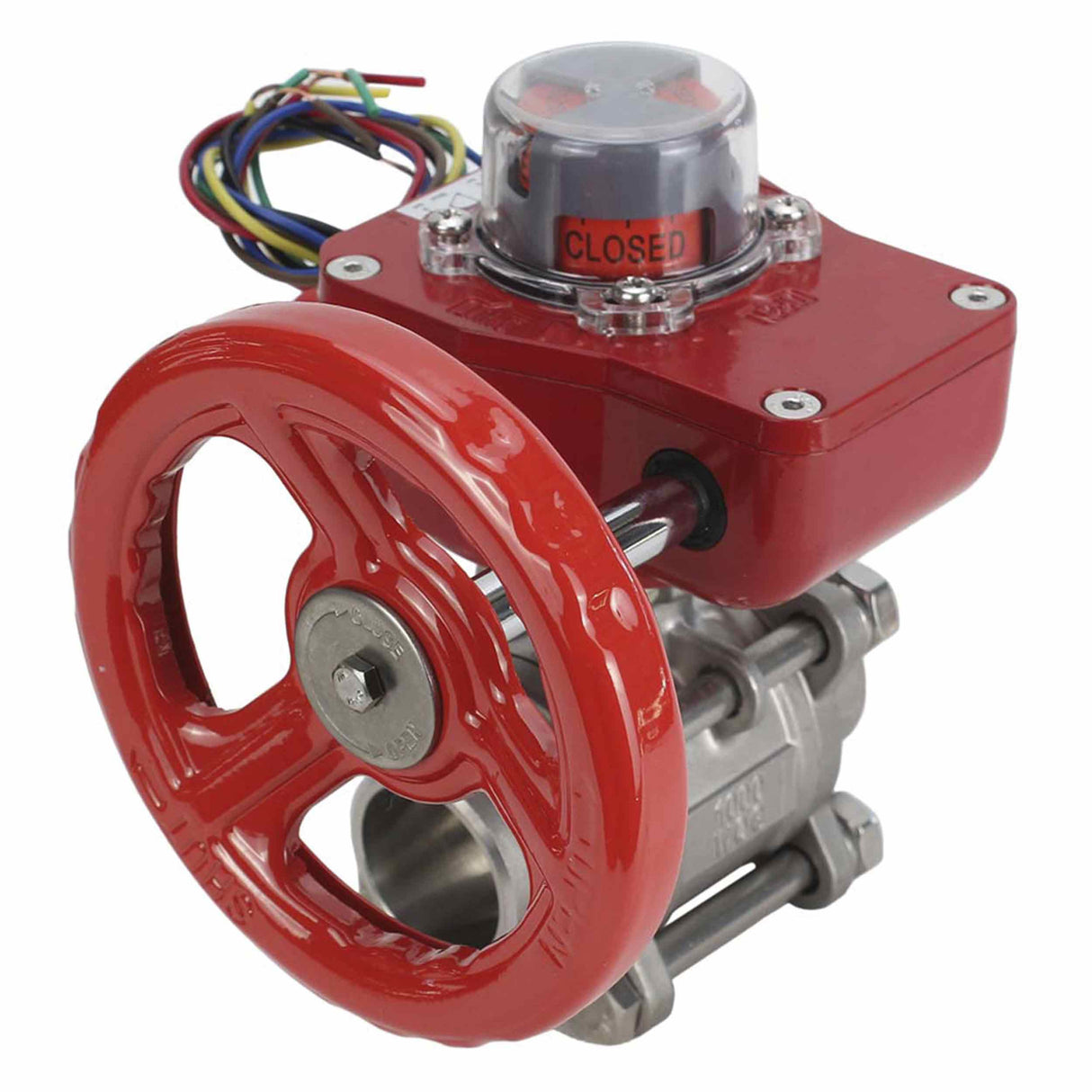 Válvula de bola de acero inoxidable Elephant BVPP 316.200-ISO 914 PSI para soldar, paso completo, material del cuerpo - acero inoxidable AISI 316, con brida ISO y reductor Elephant GBBF con indicador de posición y sensor de retroalimentación