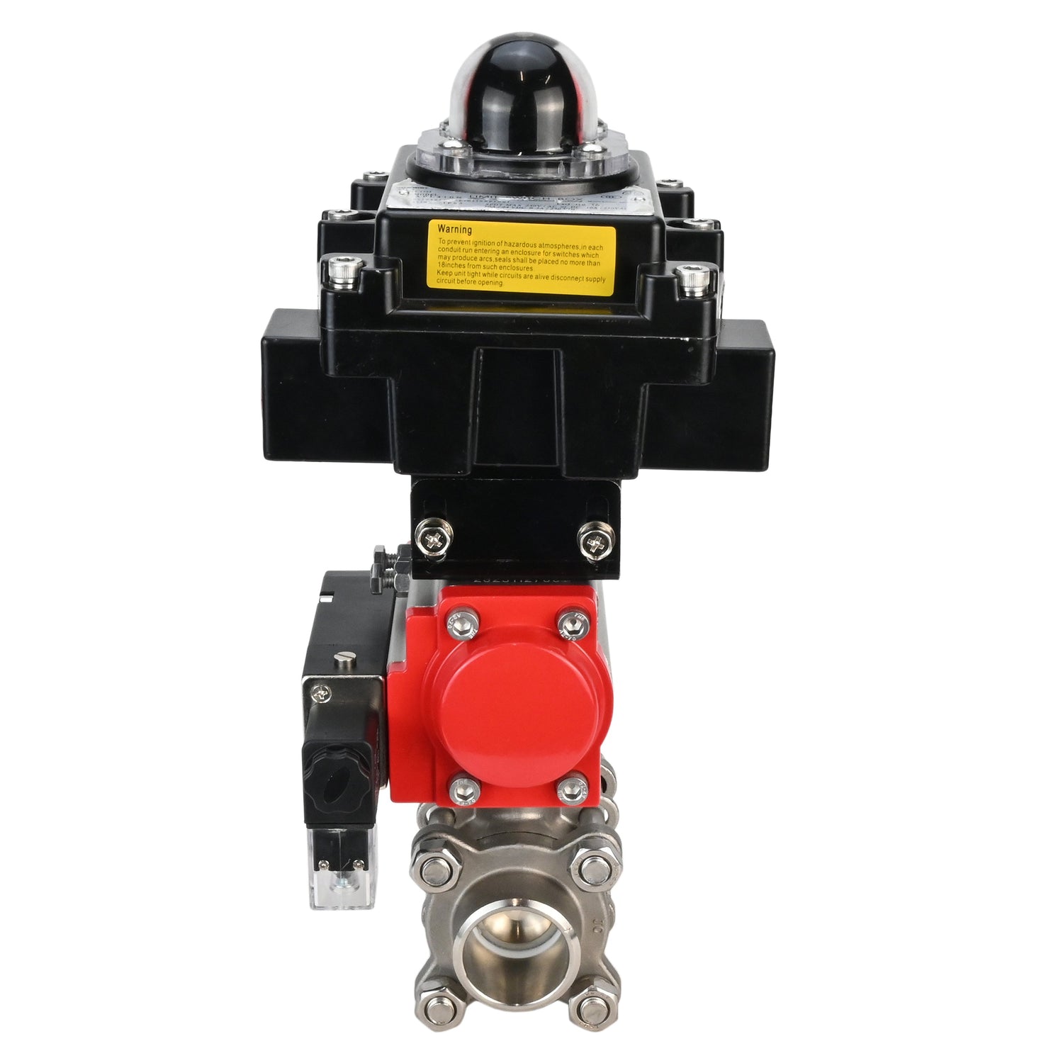 Stainless steel ball valve Elephant BVPP 316,200-ISO 63 bar SS316 full port, for welding, body material - stainless steel, pneumatic actuator Elephant DA, pneumatic distributor 4M310-08 NAMUR  24 V, limit switch block APL-410N EX