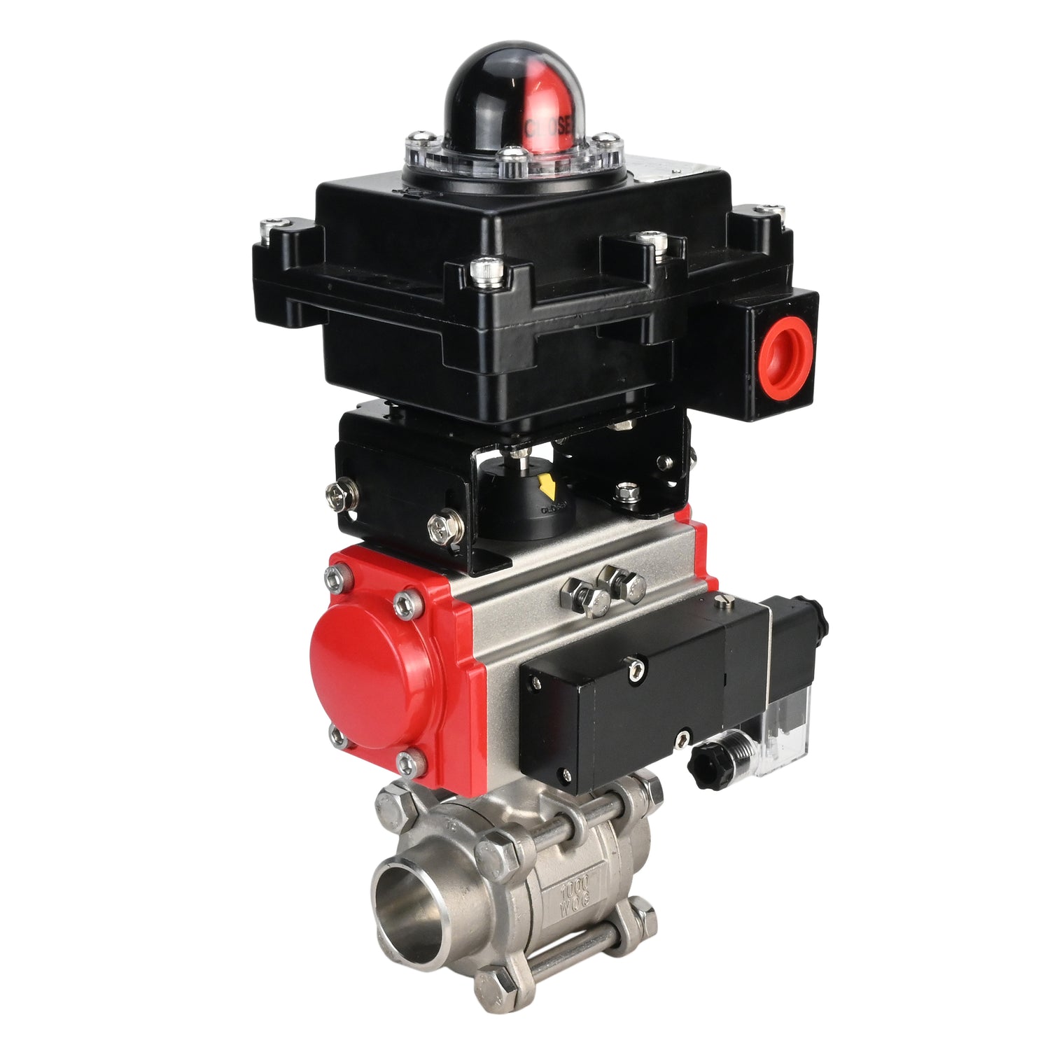 Stainless steel ball valve Elephant BVPP 316,200-ISO 63 bar SS316 full port, for welding, body material - stainless steel, pneumatic actuator Elephant SA, pneumatic distributor 4M310-08 NAMUR  220 V, limit switch block APL-410N EX