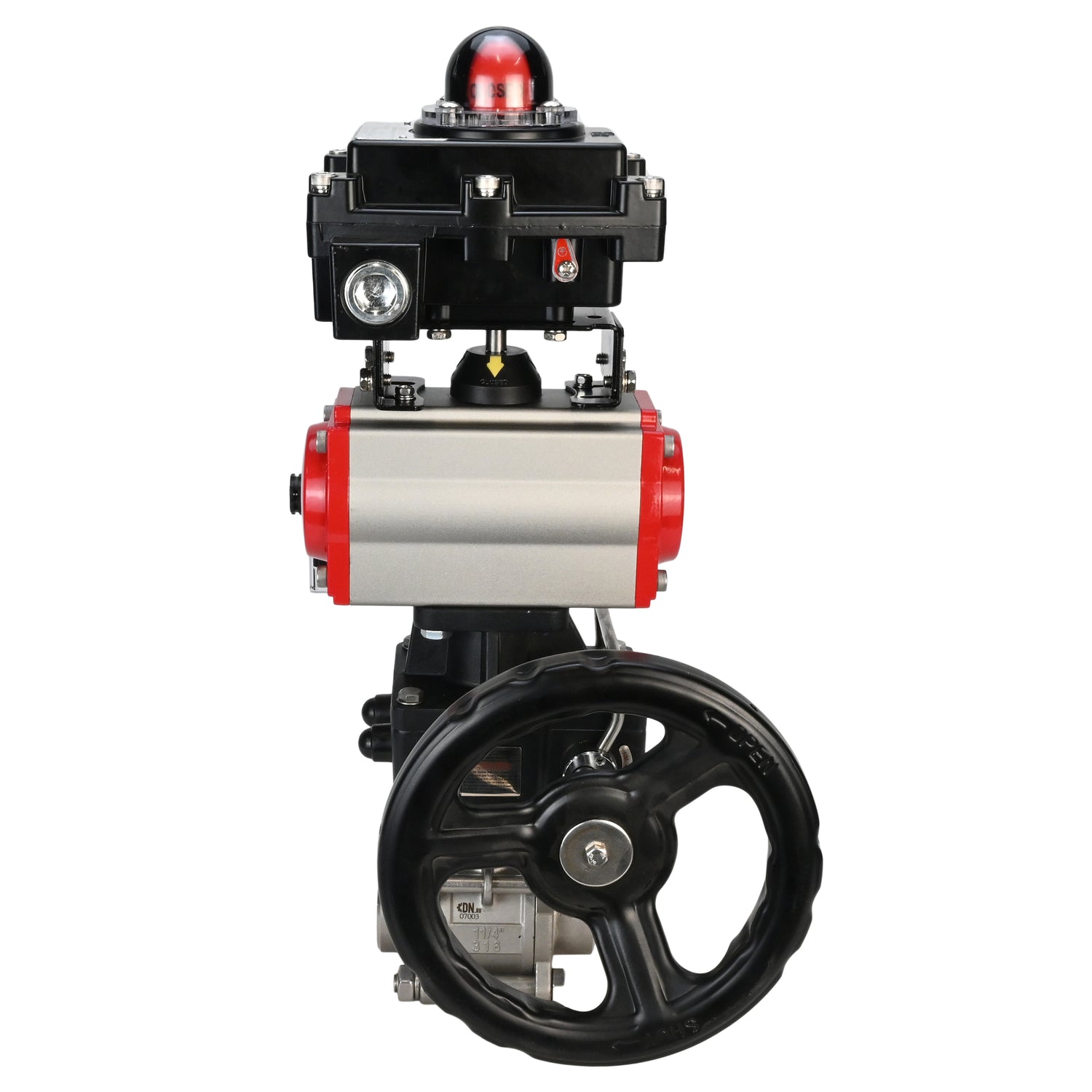 Stainless steel ball valve Elephant BVPP 316,200-ISO 63 bar SS316 full port, for welding, body material - stainless steel, pneumatic actuator Elephant DA, pneumatic distributor 4M310-08 NAMUR  220 V, limit switch block APL-410N EX, manual override HDM