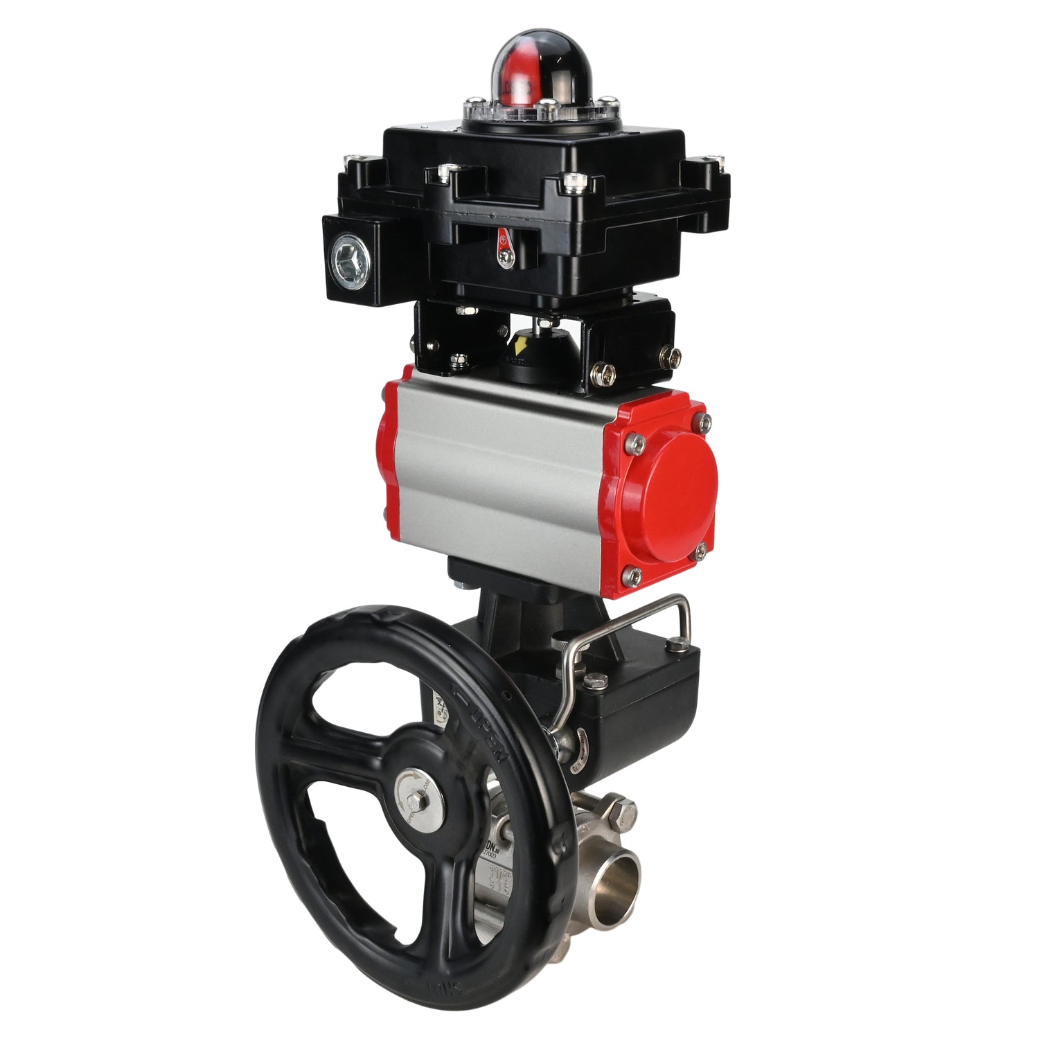 Stainless steel ball valve Elephant BVPP 316,200-ISO 63 bar SS316 full port, for welding, body material - stainless steel, pneumatic actuator Elephant DA, pneumatic distributor 4M310-08 NAMUR  220 V, limit switch block APL-410N EX, manual override HDM