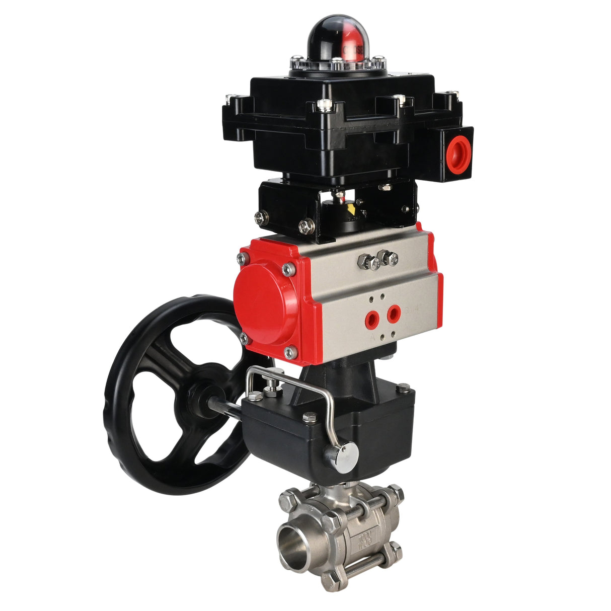 Válvula de bola de acero inoxidable Elephant BVPP 316.200-ISO PSI914 SS316 paso completo, para soldar, material del cuerpo - acero inoxidable, actuador neumático Elephant DA, bloque de interruptores de límite APL-410N EX, anulación manual HDM
