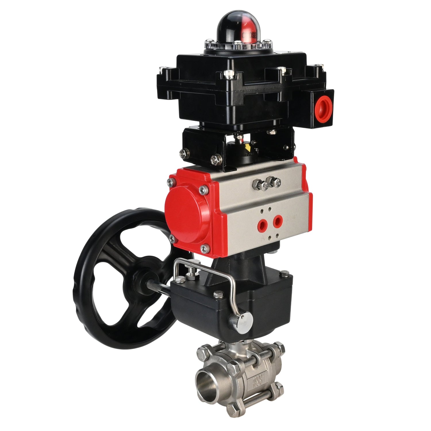 Válvula de bola de acero inoxidable Elephant BVPP 316.200-ISO PSI914 SS316 paso completo, para soldar, material del cuerpo - acero inoxidable, actuador neumático Elephant DA, bloque de interruptores de límite APL-410N EX, anulación manual HDM