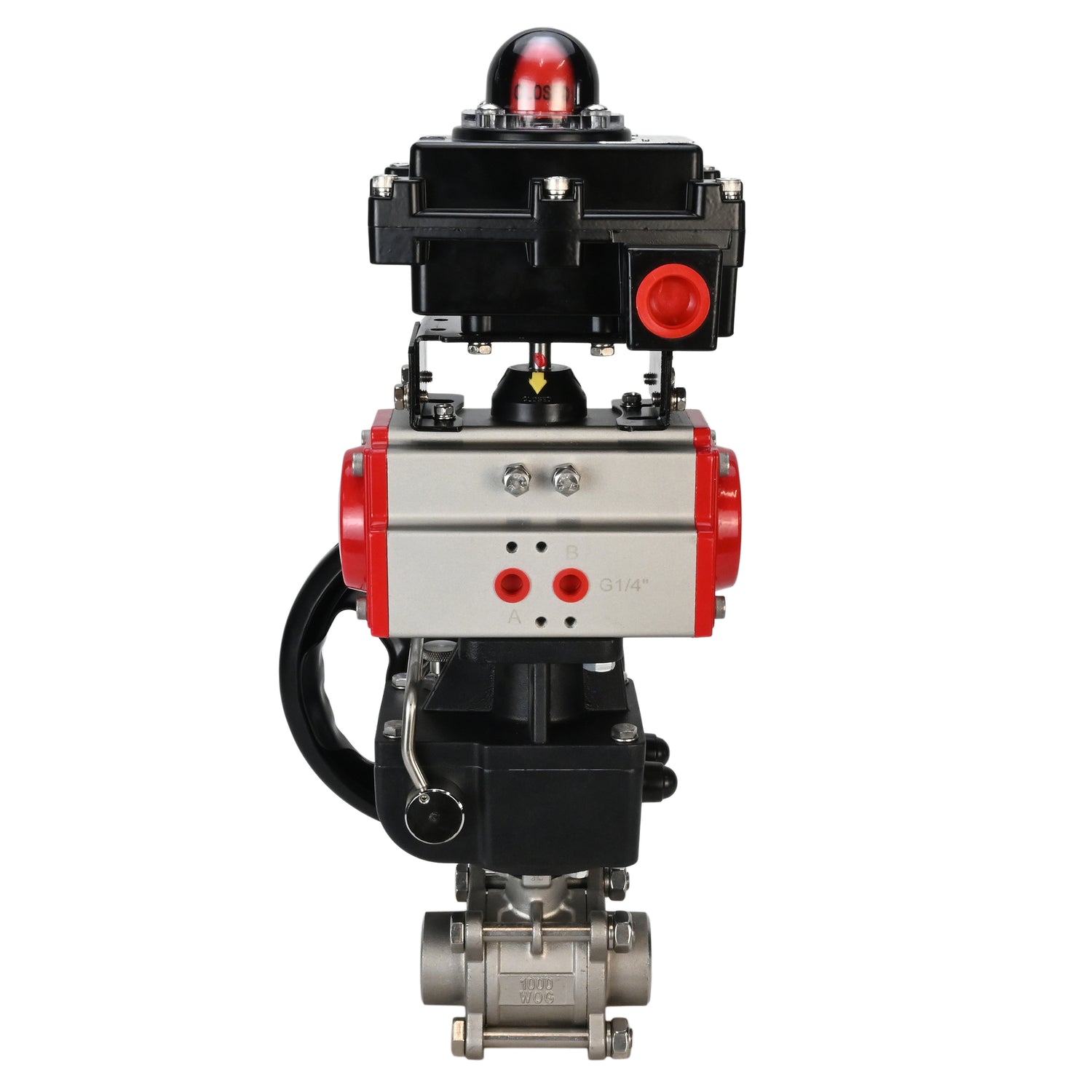 Válvula de bola de acero inoxidable Elephant BVPP 316.200-ISO PSI914 SS316 paso completo, para soldar, material del cuerpo - acero inoxidable, actuador neumático Elephant DA, bloque de interruptores de límite APL-410N EX, anulación manual HDM