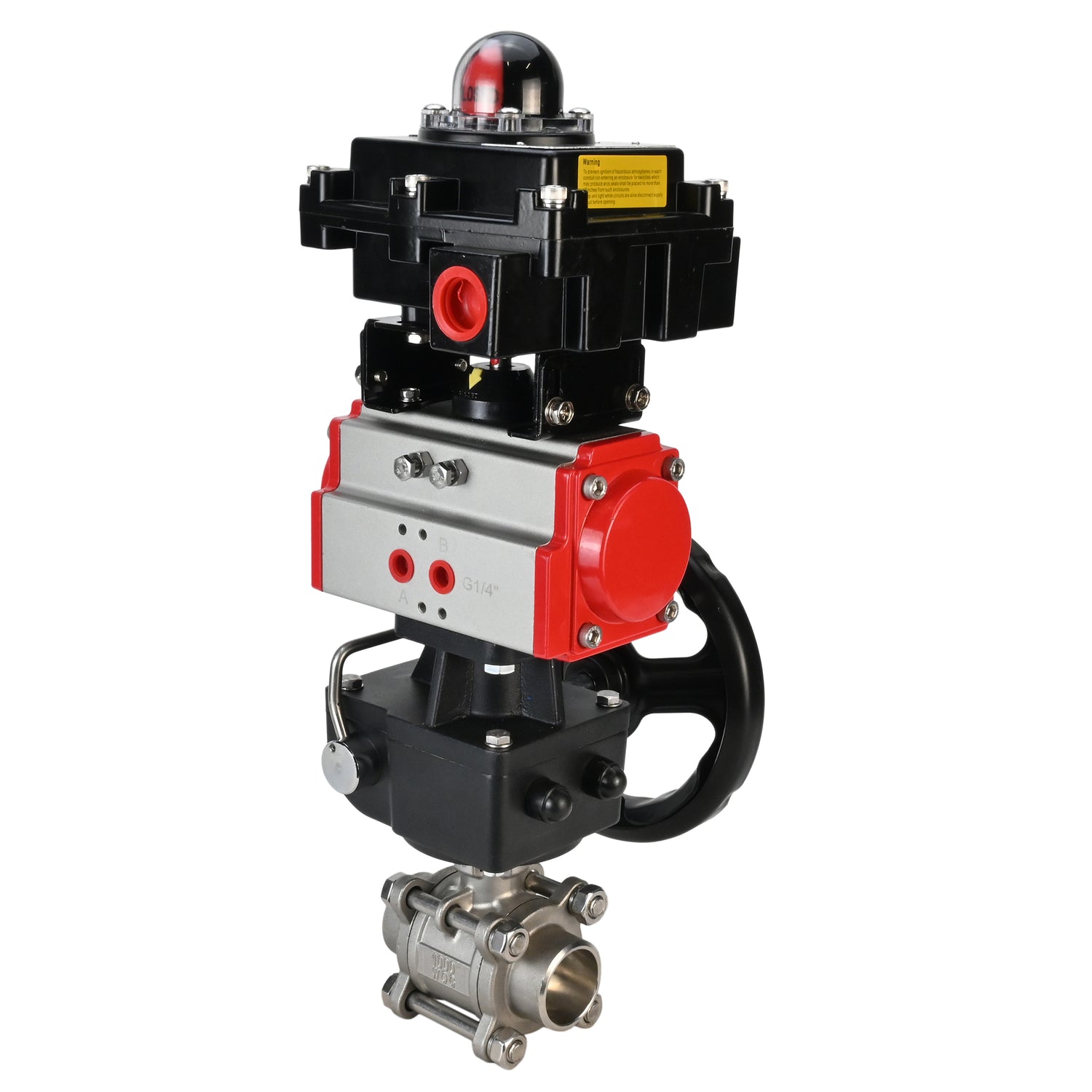 Válvula de bola de acero inoxidable Elephant BVPP 316.200-ISO PSI914 SS316 paso completo, para soldar, material del cuerpo - acero inoxidable, actuador neumático Elephant DA, bloque de interruptores de límite APL-410N EX, anulación manual HDM