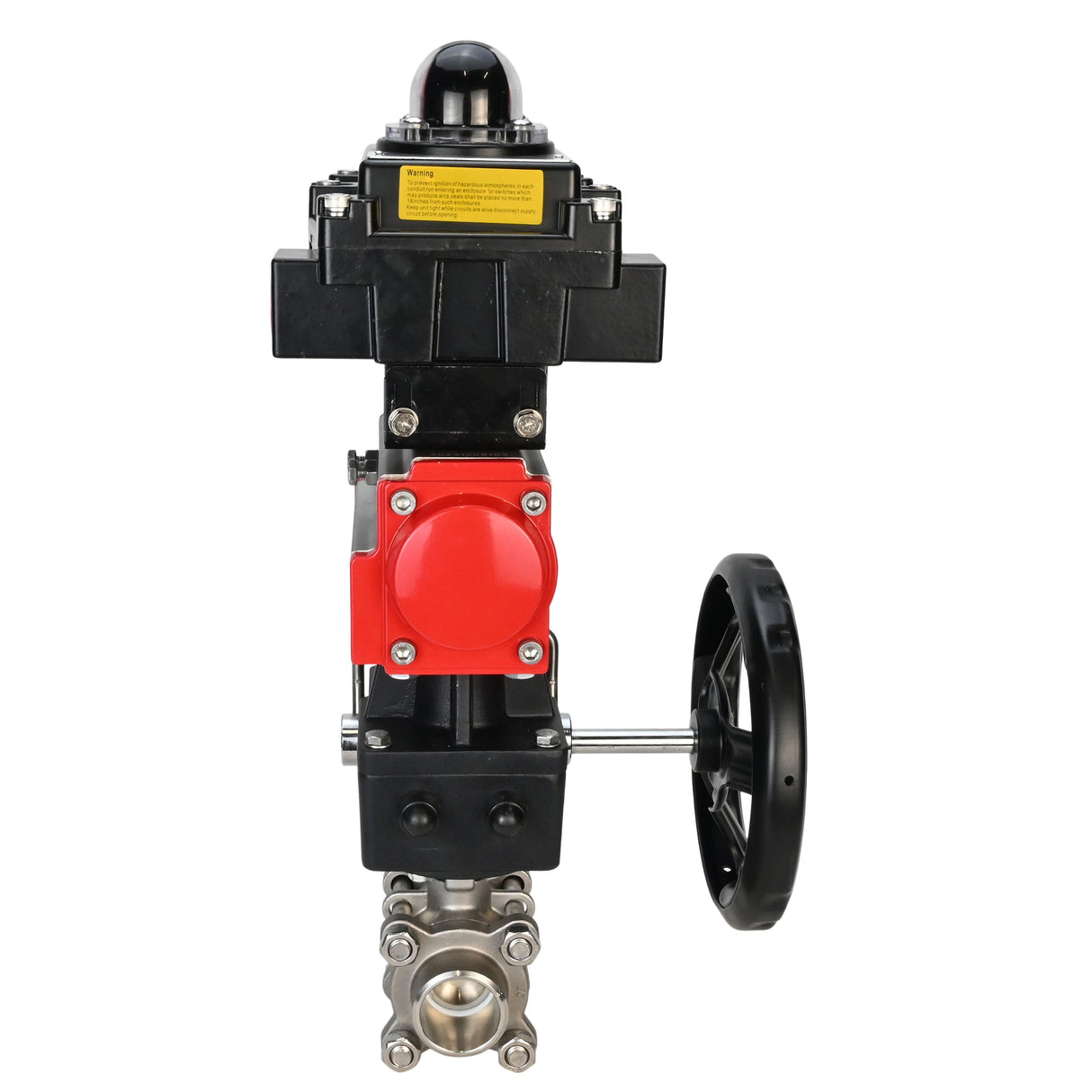 Válvula de bola de acero inoxidable Elephant BVPP 316.200-ISO PSI914 SS316 paso completo, para soldar, material del cuerpo - acero inoxidable, actuador neumático Elephant DA, bloque de interruptores de límite APL-410N EX, anulación manual HDM