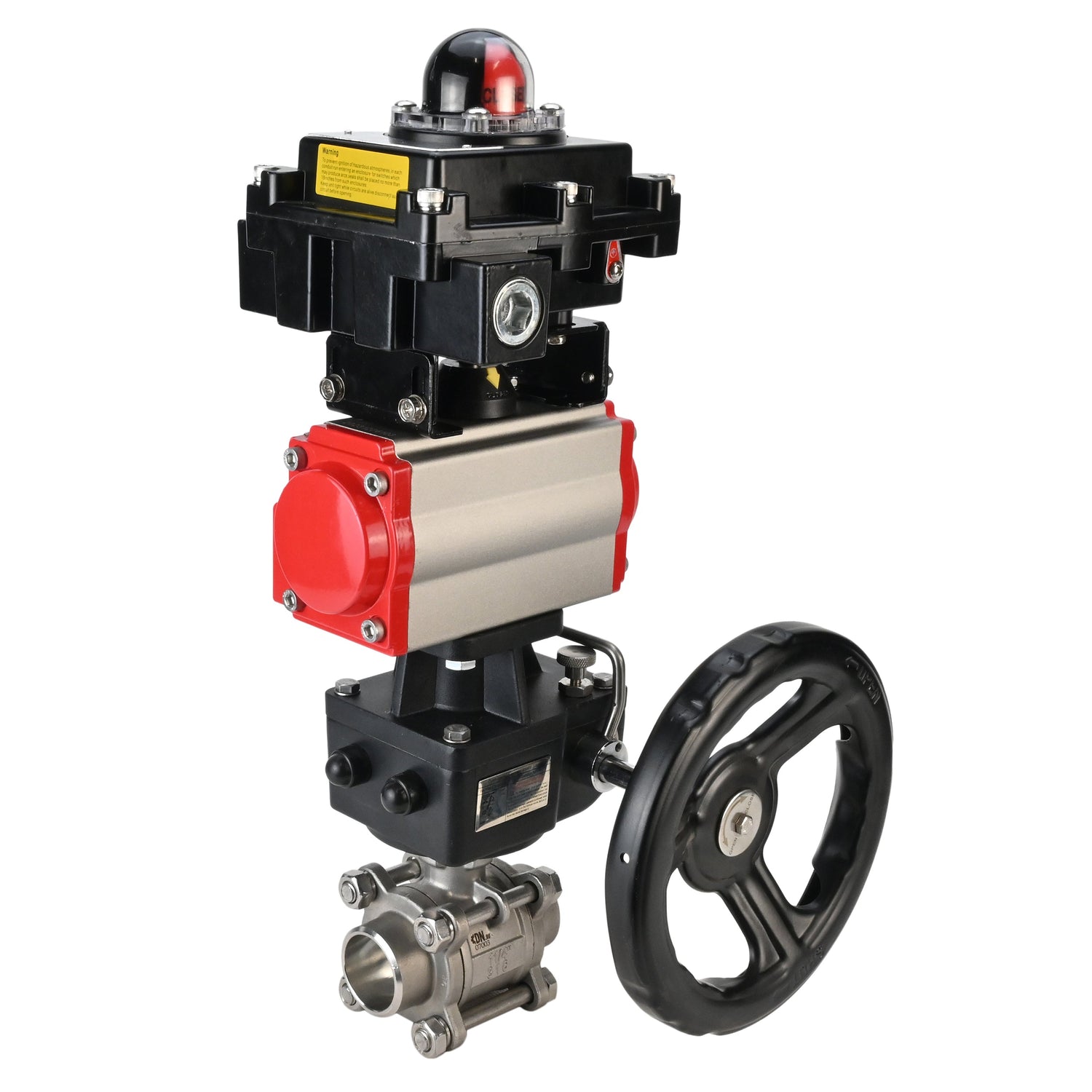 Válvula de bola de acero inoxidable Elephant BVPP 316.200-ISO PSI914 SS316 paso completo, para soldar, material del cuerpo - acero inoxidable, actuador neumático Elephant DA, bloque de interruptores de límite APL-410N EX, anulación manual HDM