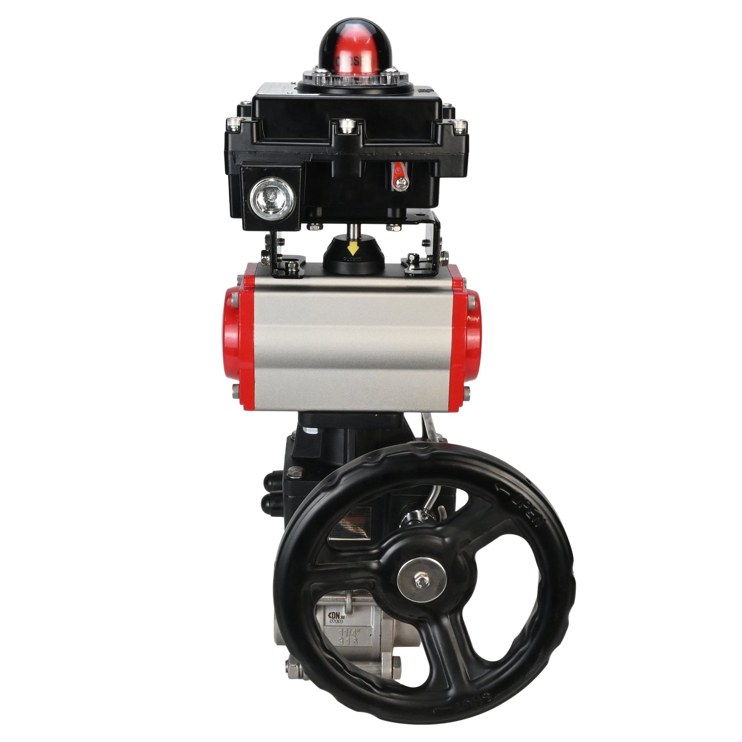 Válvula de bola de acero inoxidable Elephant BVPP 316.200-ISO PSI914 SS316 paso completo, para soldar, material del cuerpo - acero inoxidable, actuador neumático Elephant DA, bloque de interruptores de límite APL-410N EX, anulación manual HDM