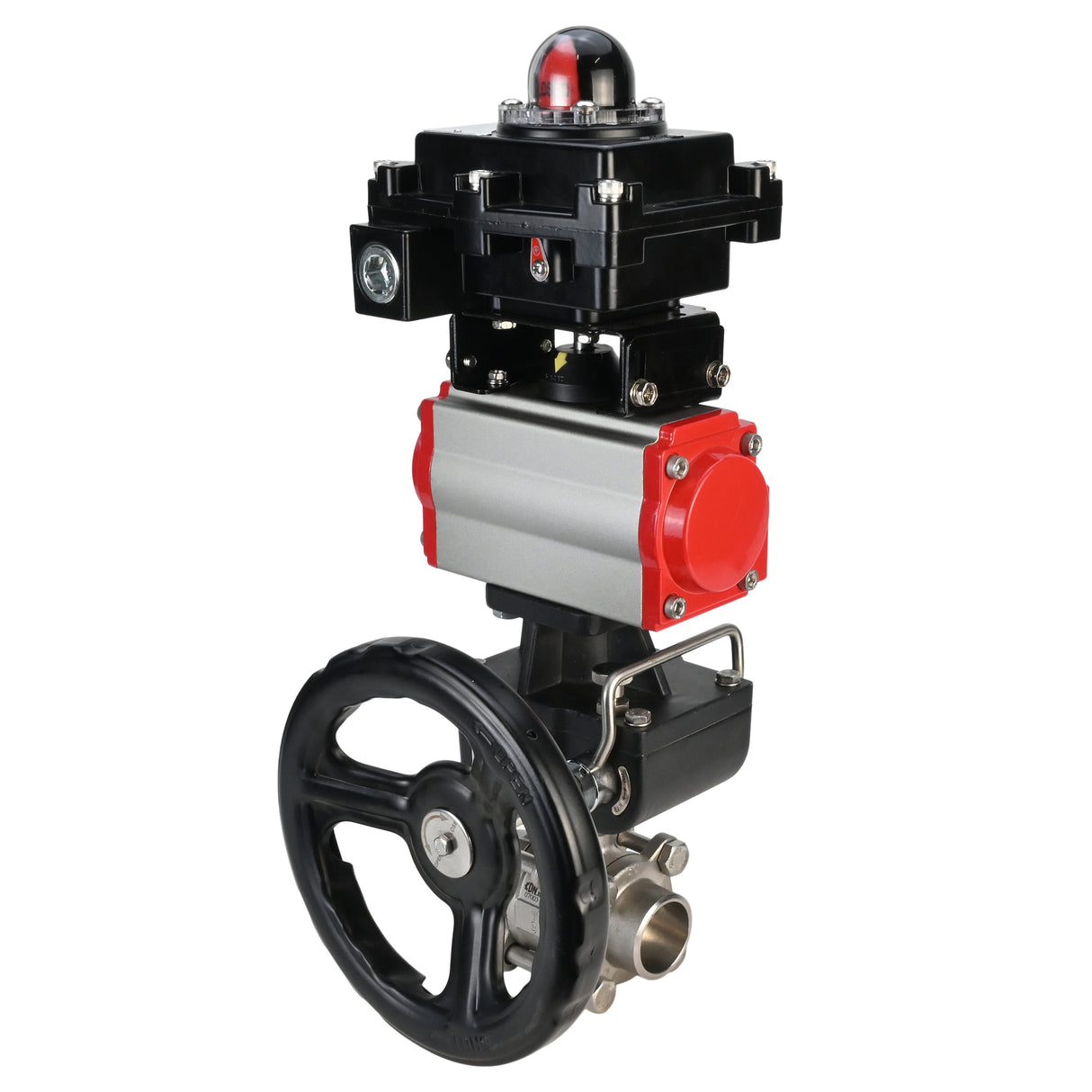 Válvula de bola de acero inoxidable Elephant BVPP 316.200-ISO PSI914 SS316 paso completo, para soldar, material del cuerpo - acero inoxidable, actuador neumático Elephant DA, bloque de interruptores de límite APL-410N EX, anulación manual HDM