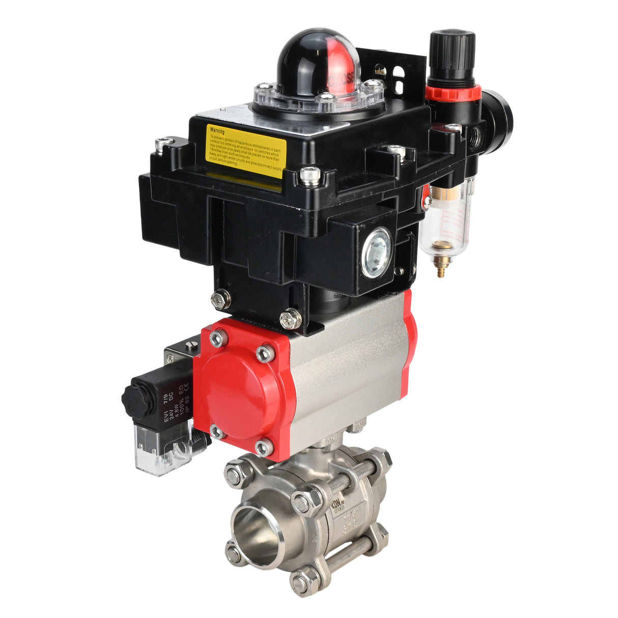 Stainless steel ball valve Elephant BVPP 316,200-ISO 63 bar SS316 full port, for welding, body material - stainless steel, pneumatic actuator Elephant SA, pneumatic distributor 4M310-08 24 V, limit switch block APL-410N EX, air preparation unit AFC2000