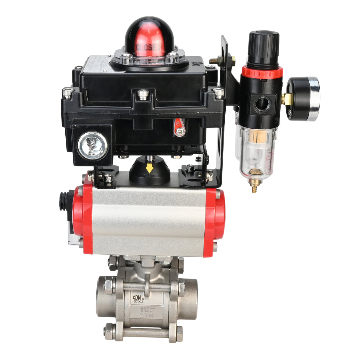 Stainless steel ball valve Elephant BVPP 316,200-ISO 63 bar SS316 full port, for welding, body material - stainless steel, pneumatic actuator Elephant SA, pneumatic distributor 4M310-08 24 V, limit switch block APL-410N EX, air preparation unit AFC2000