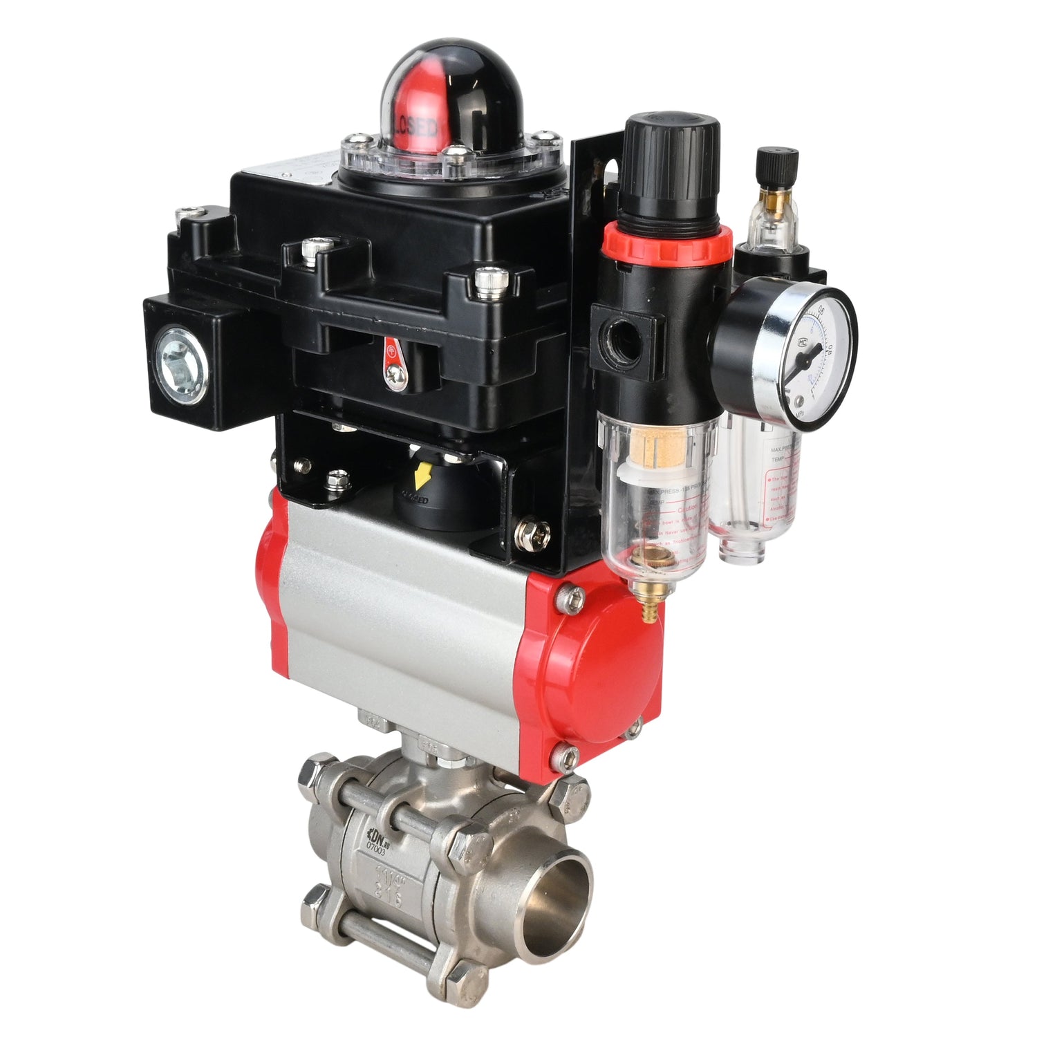 Stainless steel ball valve Elephant BVPP 316,200-ISO 63 bar SS316 full port, for welding, body material - stainless steel, pneumatic actuator Elephant DA, pneumatic distributor 4M310-08 220 V, limit switch block APL-410N EX, air preparation unit AFC2000