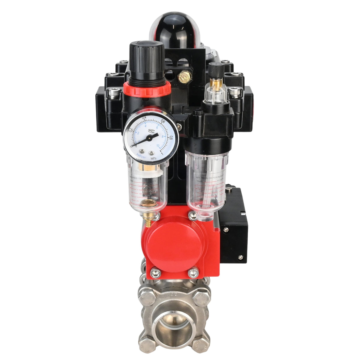 Stainless steel ball valve Elephant BVPP 316,200-ISO 63 bar SS316 full port, for welding, body material - stainless steel, pneumatic actuator Elephant DA, pneumatic distributor 4M310-08 220 V, limit switch block APL-410N EX, air preparation unit AFC2000