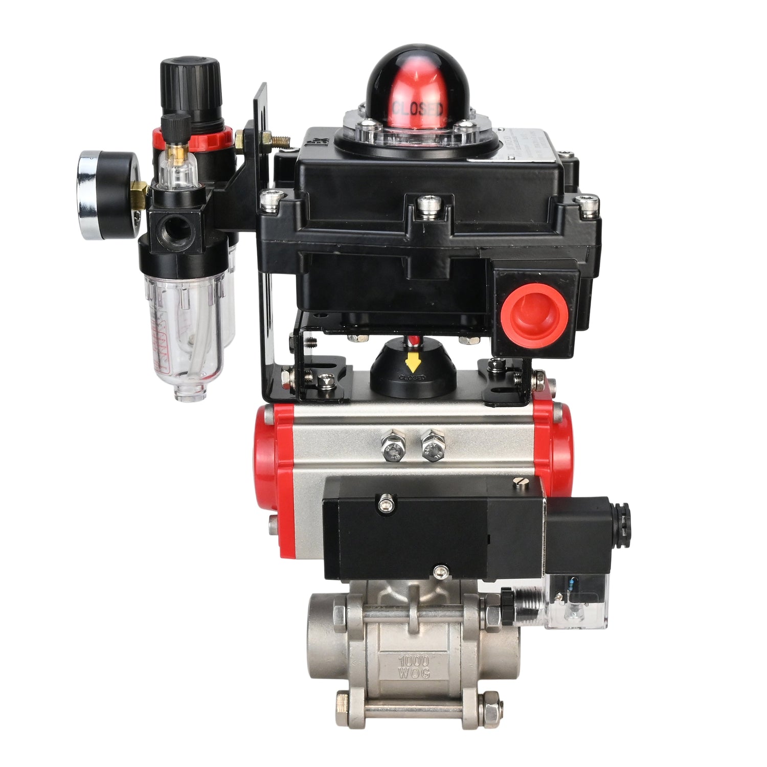 Stainless steel ball valve Elephant BVPP 316,200-ISO 63 bar SS316 full port, for welding, body material - stainless steel, pneumatic actuator Elephant SA, pneumatic distributor 4M310-08 220 V, limit switch block APL-410N EX, air preparation unit AFC2000