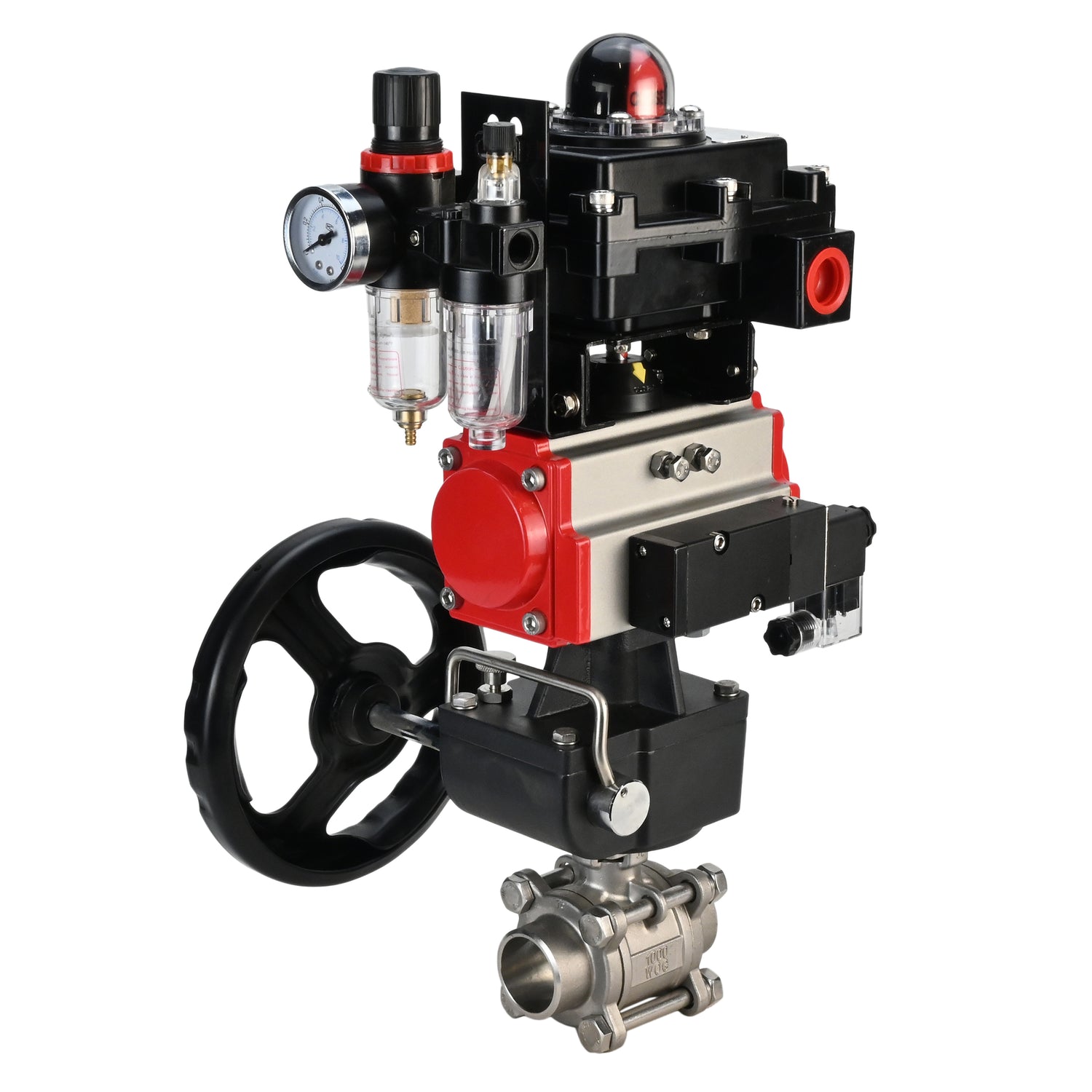 Stainless steel ball valve Elephant BVPP 316,200-ISO 63 bar SS316 full port, for welding, body material - stainless steel, pneumatic actuator Elephant DA, pneumatic distributor 4M310-08 220 V, limit switch block APL-410N EX, manual override HDM, air