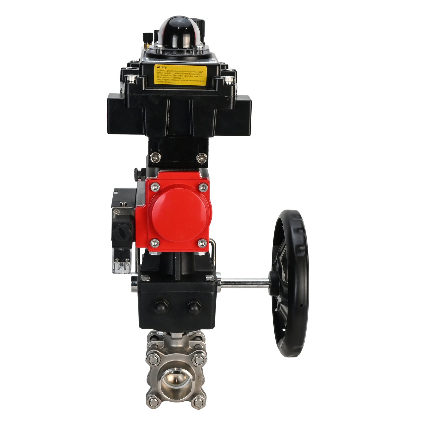 Stainless steel ball valve Elephant BVPP 316,200-ISO 63 bar SS316 full port, for welding, body material - stainless steel, pneumatic actuator Elephant DA, pneumatic distributor 4M310-08 220 V, limit switch block APL-410N EX, manual override HDM, air