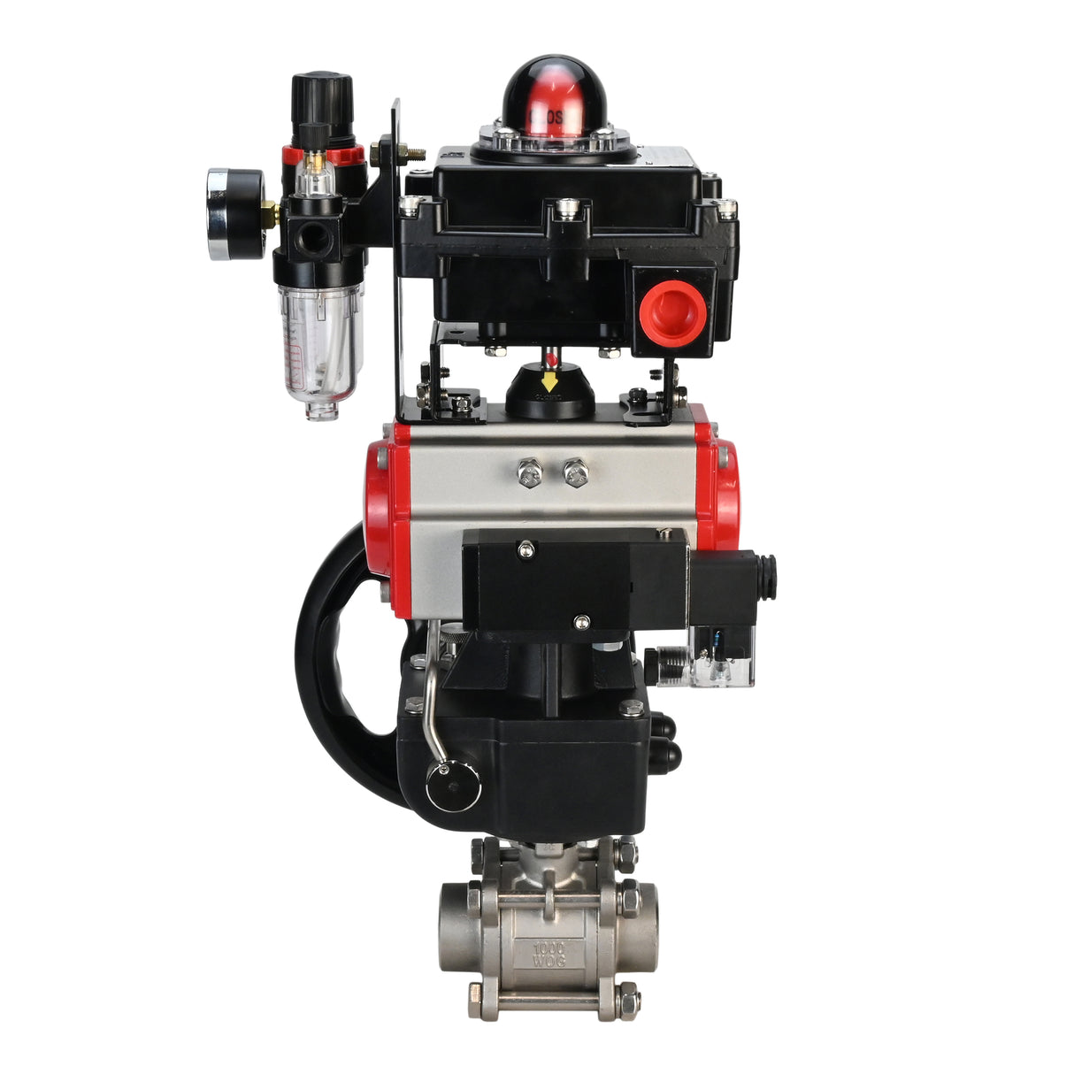 Stainless steel ball valve Elephant BVPP 316,200-ISO 63 bar SS316 full port, for welding, body material - stainless steel, pneumatic actuator Elephant DA, pneumatic distributor 4M310-08 220 V, limit switch block APL-410N EX, manual override HDM, air