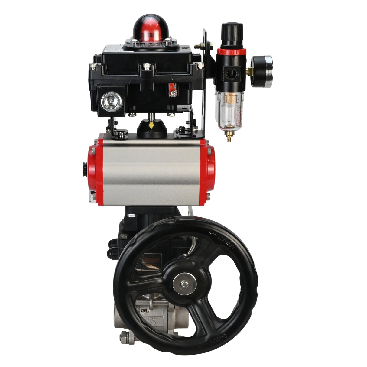 Stainless steel ball valve Elephant BVPP 316,200-ISO 63 bar SS316 full port, for welding, body material - stainless steel, pneumatic actuator Elephant DA, pneumatic distributor 4M310-08 220 V, limit switch block APL-410N EX, manual override HDM, air