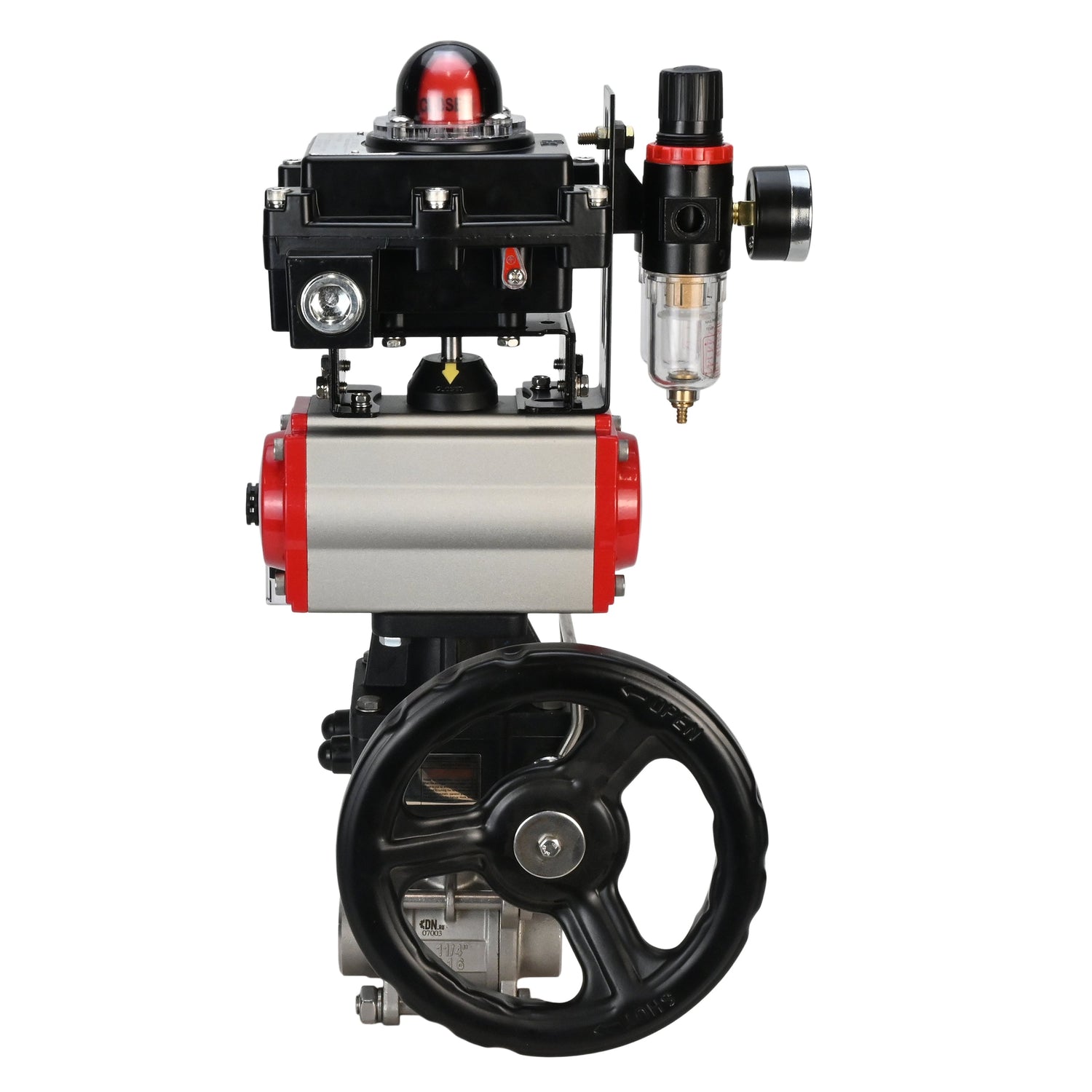 Stainless steel ball valve Elephant BVPP 316,200-ISO 63 bar SS316 full port, for welding, body material - stainless steel, pneumatic actuator Elephant DA, pneumatic distributor 4M310-08 NAMUR  24 V, limit switch block APL-410N EX, manual override HDM, air