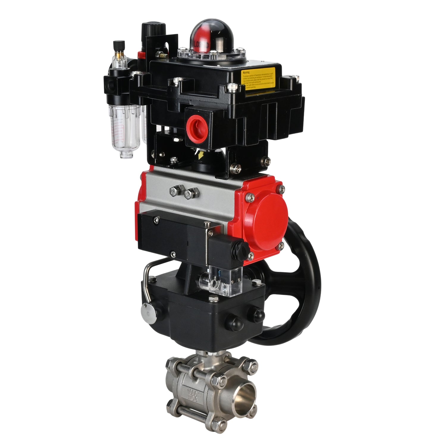 Stainless steel ball valve Elephant BVPP 316,200-ISO 63 bar SS316 full port, for welding, body material - stainless steel, pneumatic actuator Elephant DA, pneumatic distributor 4M310-08 220 V, limit switch block APL-410N EX, manual override HDM, air