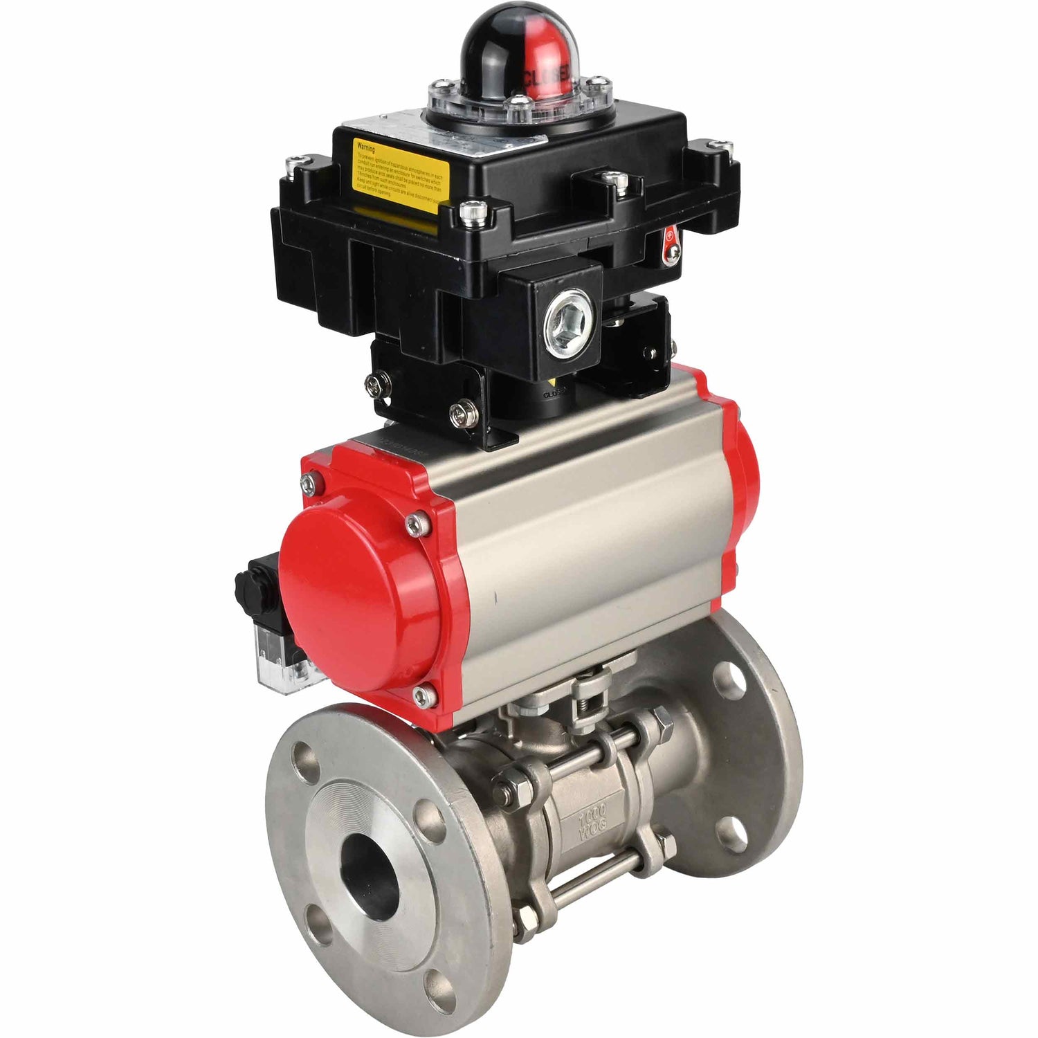 Stainless steel ball valve Elephant BVFPT-ISO,304,180 three-part, body material - stainless steel SS304, seal - PTFE, flanged, full port, pneumatic actuator Elephant DA, pneumatic distributor 4M310-08 NAMUR  24 V, limit switch block APL-410N EX
