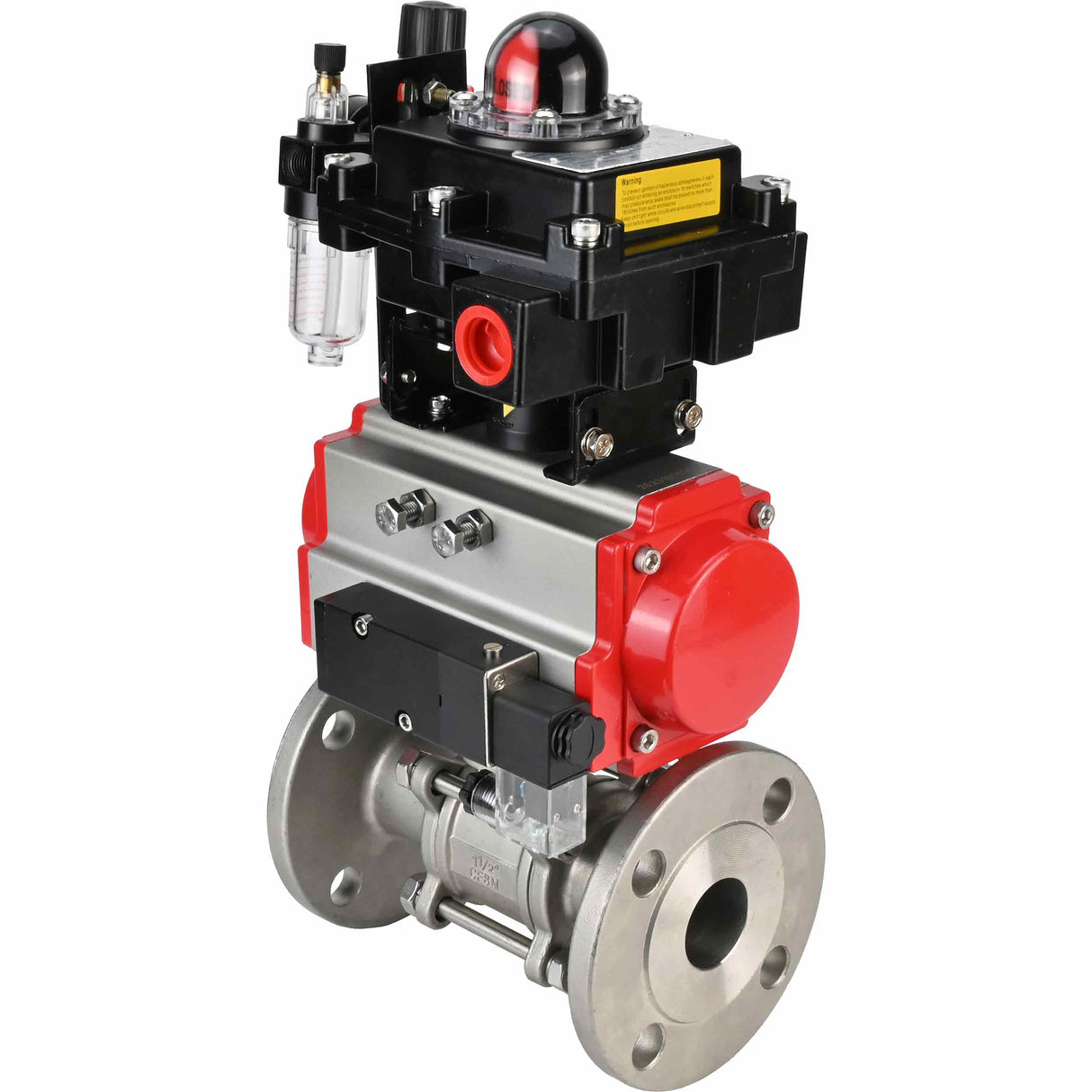 Stainless steel ball valve Elephant BVFPT-ISO,316,180 three-part, body material - stainless steel SS316, seal - PTFE, flanged, full port, pneumatic actuator Elephant SA, pneumatic distributor 4M310-08 NAMUR  220 V, limit switch block APL-410N EX, air