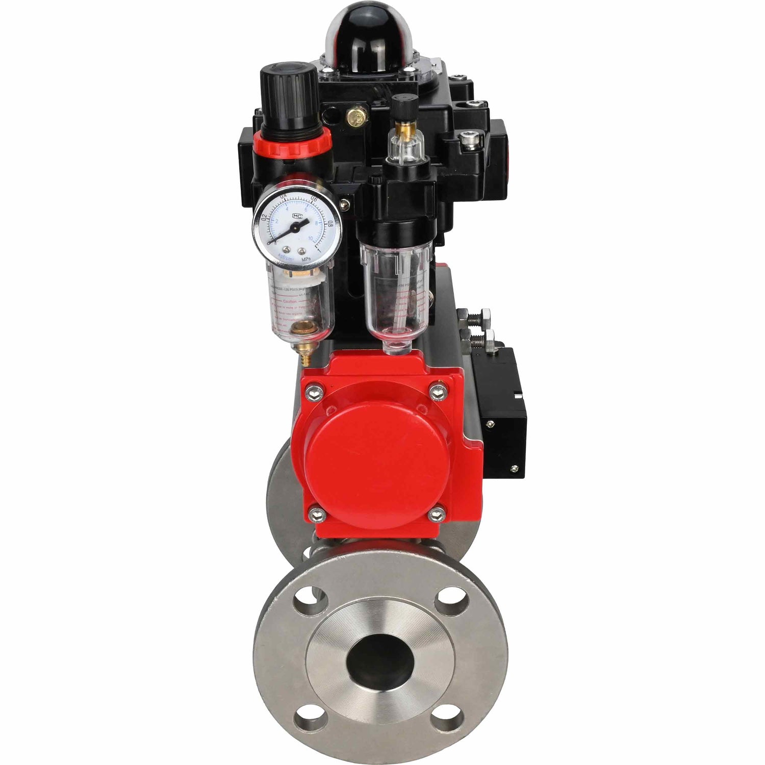 Stainless steel ball valve Elephant BVFPT-ISO,316,180 three-part, body material - stainless steel SS316, seal - PTFE, flanged, full port, pneumatic actuator Elephant DA, pneumatic distributor 4M310-08 NAMUR  24 V, limit switch block APL-410N EX, air