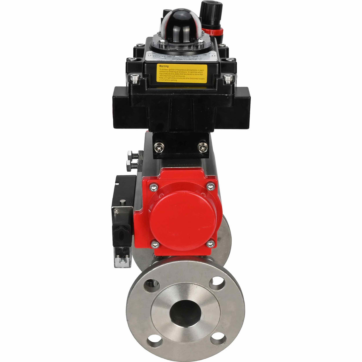 Stainless steel ball valve Elephant BVFPT-ISO,304,180 three-part, body material - stainless steel SS304, seal - PTFE, flanged, full port, pneumatic actuator Elephant DA, pneumatic distributor 4M310-08 NAMUR  24 V, limit switch block APL-410N EX, air