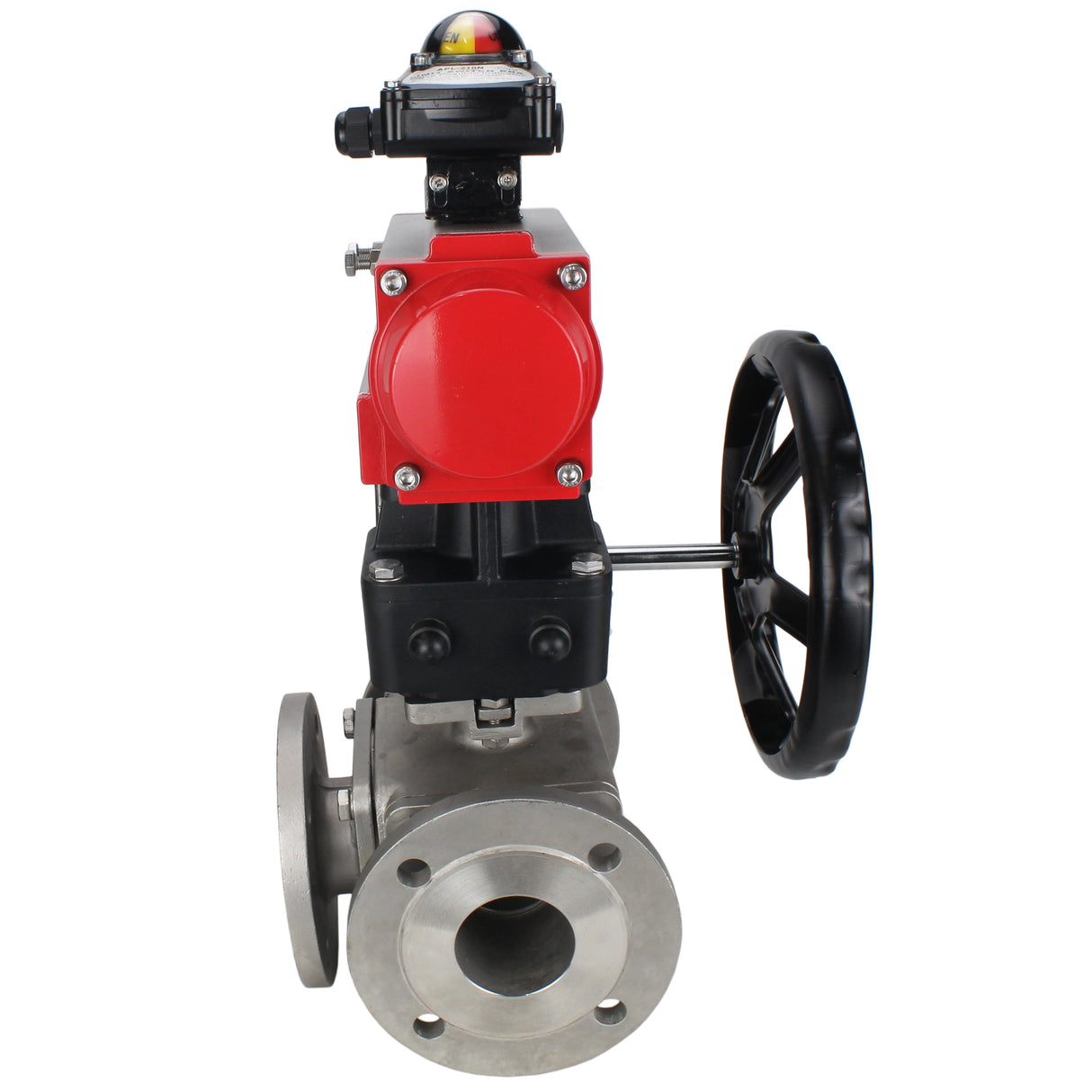 Ball valves Elephant BV3232P(4pc)-FP-3WL-F-ISO-H 16 bar full bore, flanged, body - stainless steel SS316, ISO flange F03/F04-F10/F12, square 9x9-19x19, with pneumatic drive PA-DA double action, LSU APL-210N and manual Doubler MON3-700-T38