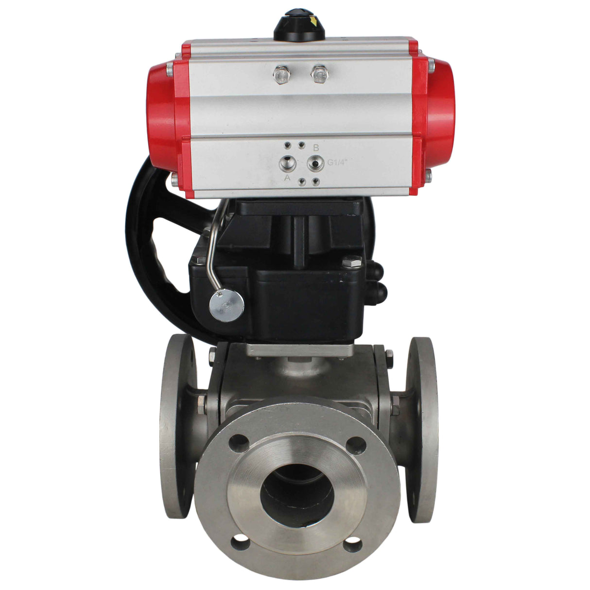 Ball valves Elephant BV3232P(4pc)-FP-3WL-F-ISO-H 16 bar full bore, flanged, body - stainless steel SS316, ISO flange F03/F04-F10/F12, square 9x9-19x19, with pneumatic drive Elephant PA-DA double action and manual Doubler MON3-700-T38-ISO