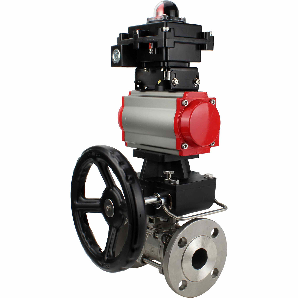 Stainless steel ball valve Elephant BVFPT-ISO.304.180 three-part, body material - stainless steel SS304, seal - PTFE, flanged, full port, pneumatic actuator Elephant DA, pneumatic distributor 4M310-08 NAMUR  220 V, limit switch block APL-410N EX, manual