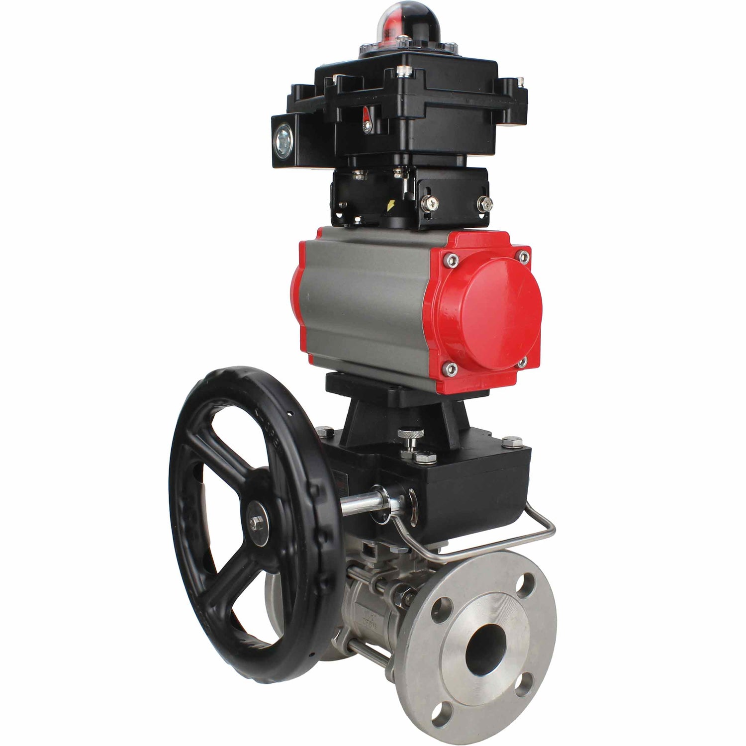 Stainless steel ball valve Elephant BVFPT-ISO,304,180 three-part, body material - stainless steel SS304, seal - PTFE, flanged, full port, pneumatic actuator Elephant DA, limit switch block APL-410N EX, manual override HDM