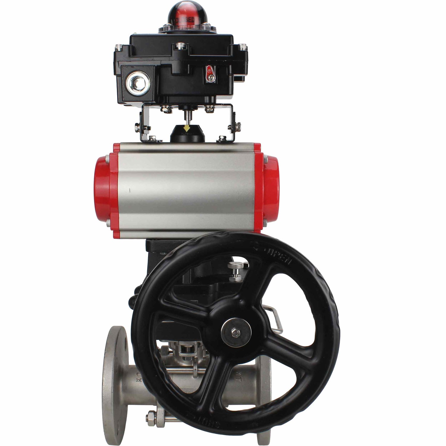 Stainless steel ball valve Elephant BVFPT-ISO,304,180 three-part, body material - stainless steel SS304, seal - PTFE, flanged, full port, pneumatic actuator Elephant DA, limit switch block APL-410N EX, manual override HDM