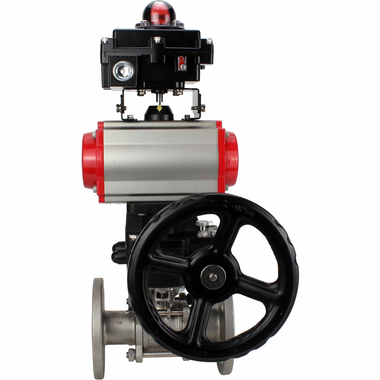 Stainless steel ball valve Elephant BVFPT-ISO.304.180 three-part, body material - stainless steel SS304, seal - PTFE, flanged, full port, pneumatic actuator Elephant DA, pneumatic distributor 4M310-08 NAMUR  220 V, limit switch block APL-410N EX, manual