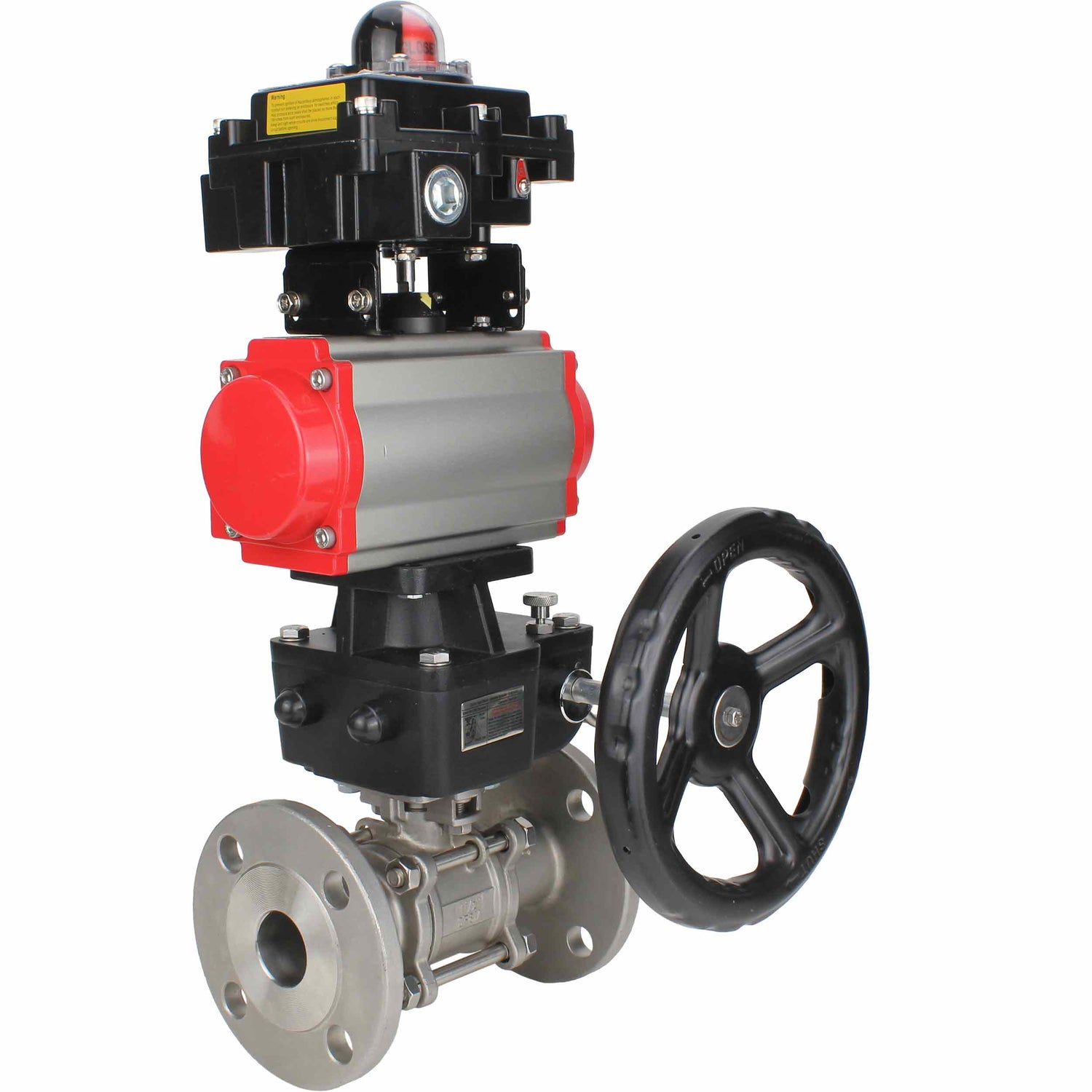 Stainless steel ball valve Elephant BVFPT-ISO,304,180 three-part, body material - stainless steel SS304, seal - PTFE, flanged, full port, pneumatic actuator Elephant DA, limit switch block APL-410N EX, manual override HDM