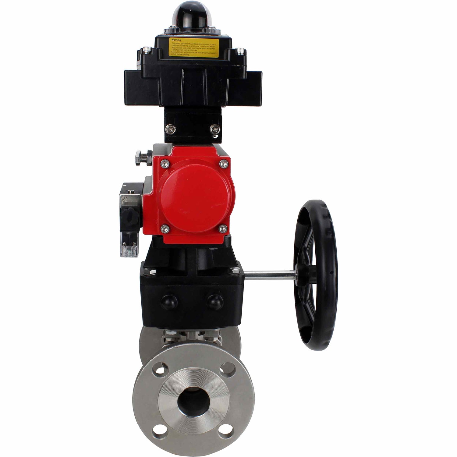 Stainless steel ball valve Elephant BVFPT-ISO.304.180 three-part, body material - stainless steel SS304, seal - PTFE, flanged, full port, pneumatic actuator Elephant DA, pneumatic distributor 4M310-08 NAMUR  220 V, limit switch block APL-410N EX, manual