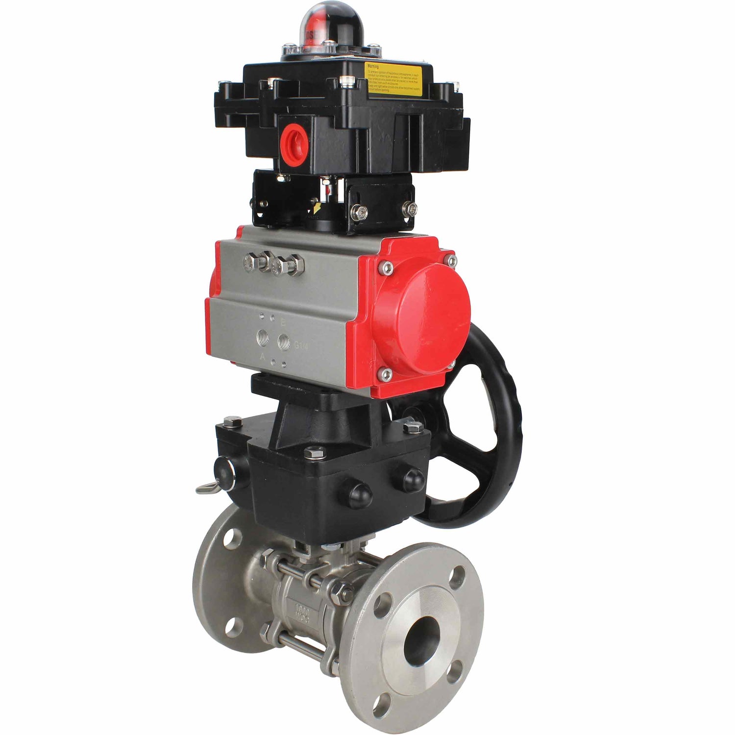 Stainless steel ball valve Elephant BVFPT-ISO,316,180 three-part, body material - stainless steel SS316, seal - PTFE, flanged, full port, pneumatic actuator Elephant DA, limit switch block APL-410N EX, manual override HDM