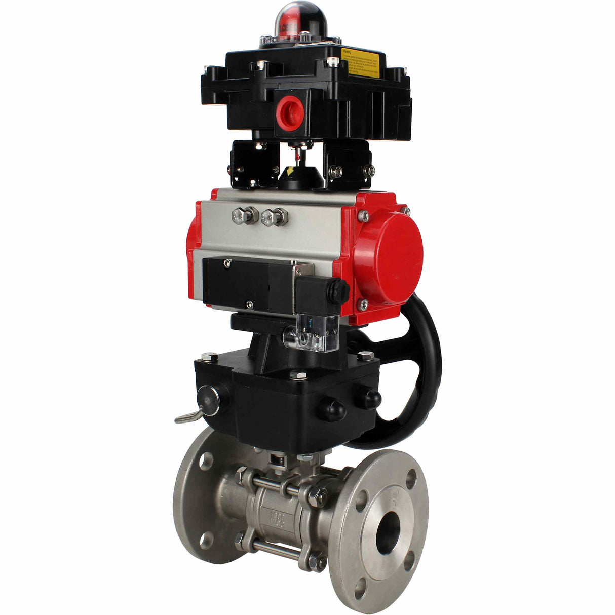 Stainless steel ball valve Elephant BVFPT-ISO.316.180 three-part, body material - stainless steel SS316, seal - PTFE, flanged, full port, pneumatic actuator Elephant DA, pneumatic distributor 4M310-08 NAMUR  220 V, limit switch block APL-410N EX, manual