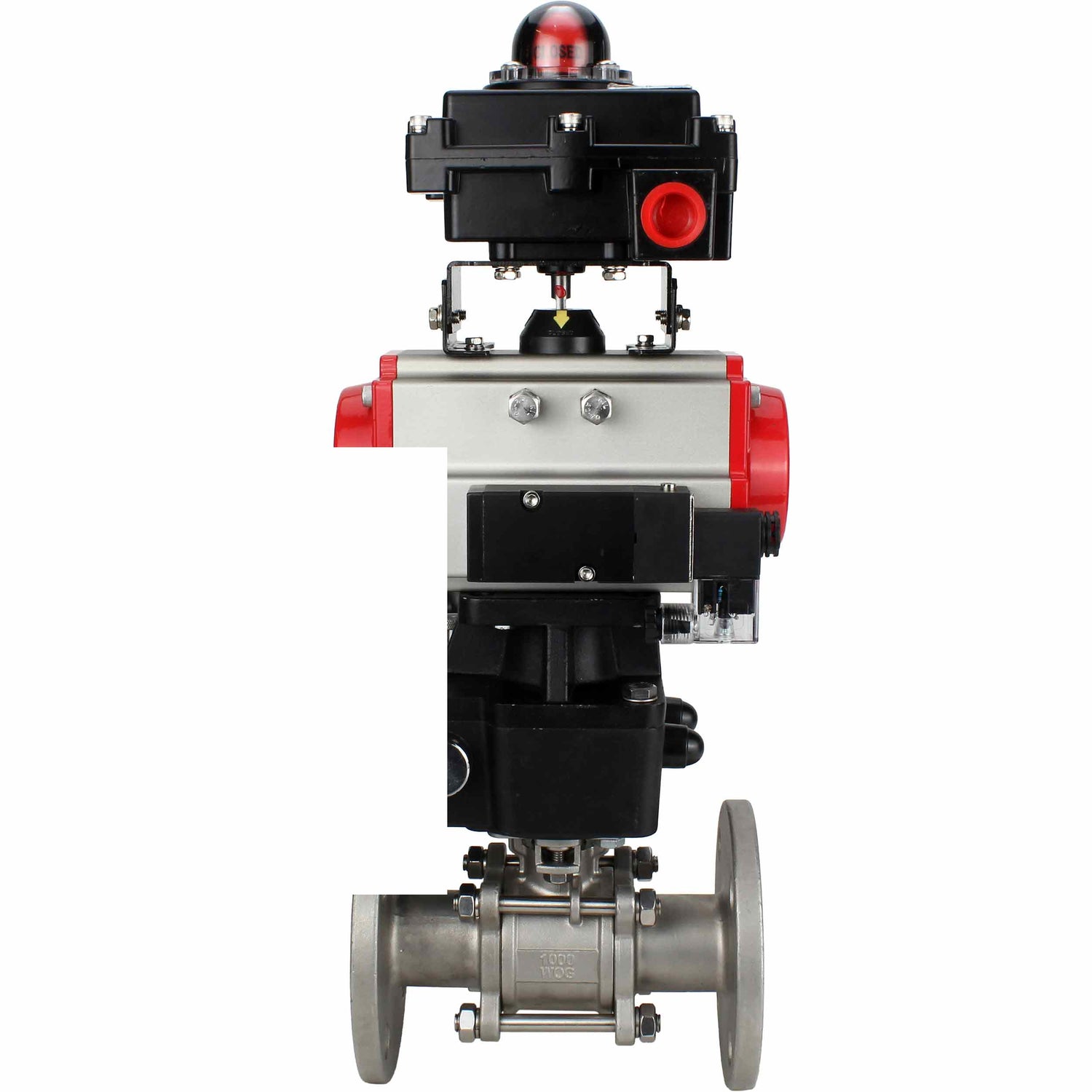 Stainless steel ball valve Elephant BVFPT-ISO.316.180 three-part, body material - stainless steel SS316, seal - PTFE, flanged, full port, pneumatic actuator Elephant DA, pneumatic distributor 4M310-08 NAMUR  24 V, limit switch block APL-410N EX, manual