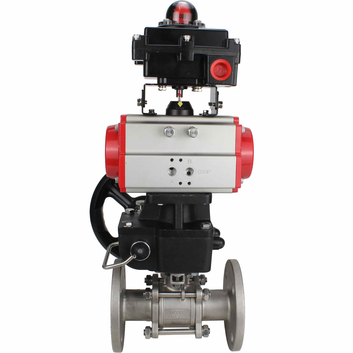 Stainless steel ball valve Elephant BVFPT-ISO,304,180 three-part, body material - stainless steel SS304, seal - PTFE, flanged, full port, pneumatic actuator Elephant DA, limit switch block APL-410N EX, manual override HDM