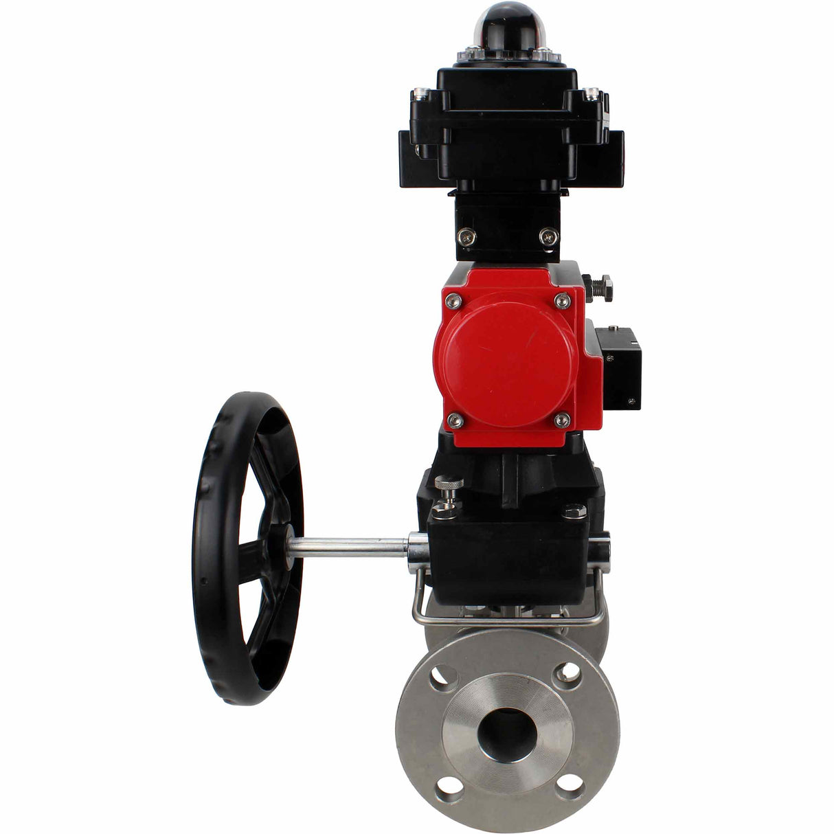 Stainless steel ball valve Elephant BVFPT-ISO.304.180 three-part, body material - stainless steel SS304, seal - PTFE, flanged, full port, pneumatic actuator Elephant DA, pneumatic distributor 4M310-08 NAMUR  220 V, limit switch block APL-410N EX, manual