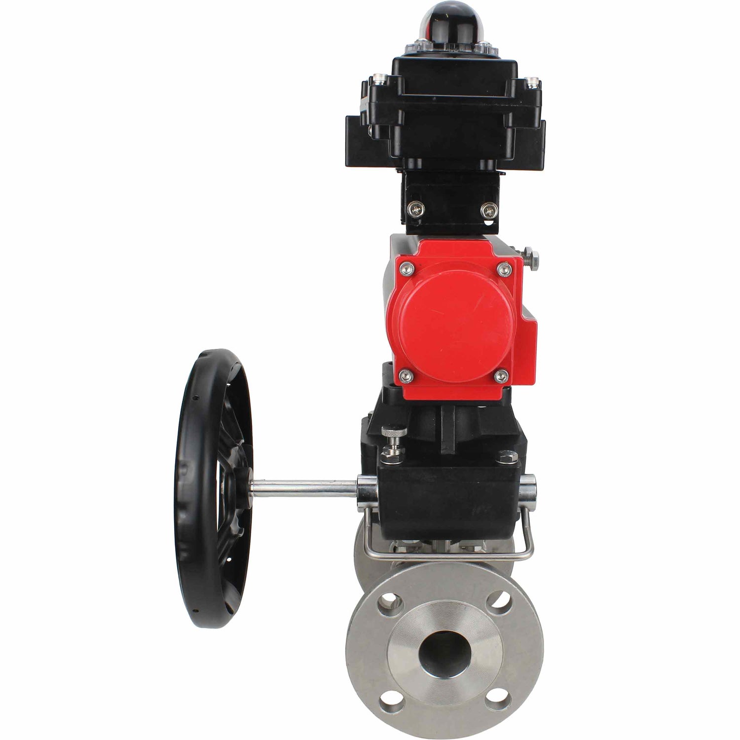 Stainless steel ball valve Elephant BVFPT-ISO,304,180 three-part, body material - stainless steel SS304, seal - PTFE, flanged, full port, pneumatic actuator Elephant DA, limit switch block APL-410N EX, manual override HDM