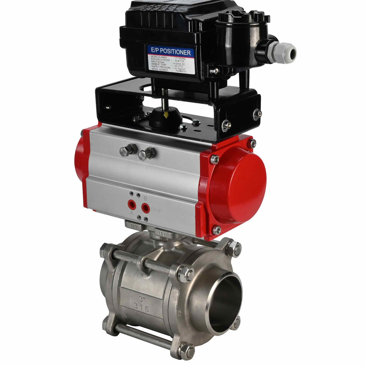 Válvula de bola de acero inoxidable Elephant kshpp-316200-sa-yt1000rsn, material del cuerpo - acero inoxidable AISI 316, material de la bola - acero inoxidable AISI 316, sello - PTFE, actuador neumático operado