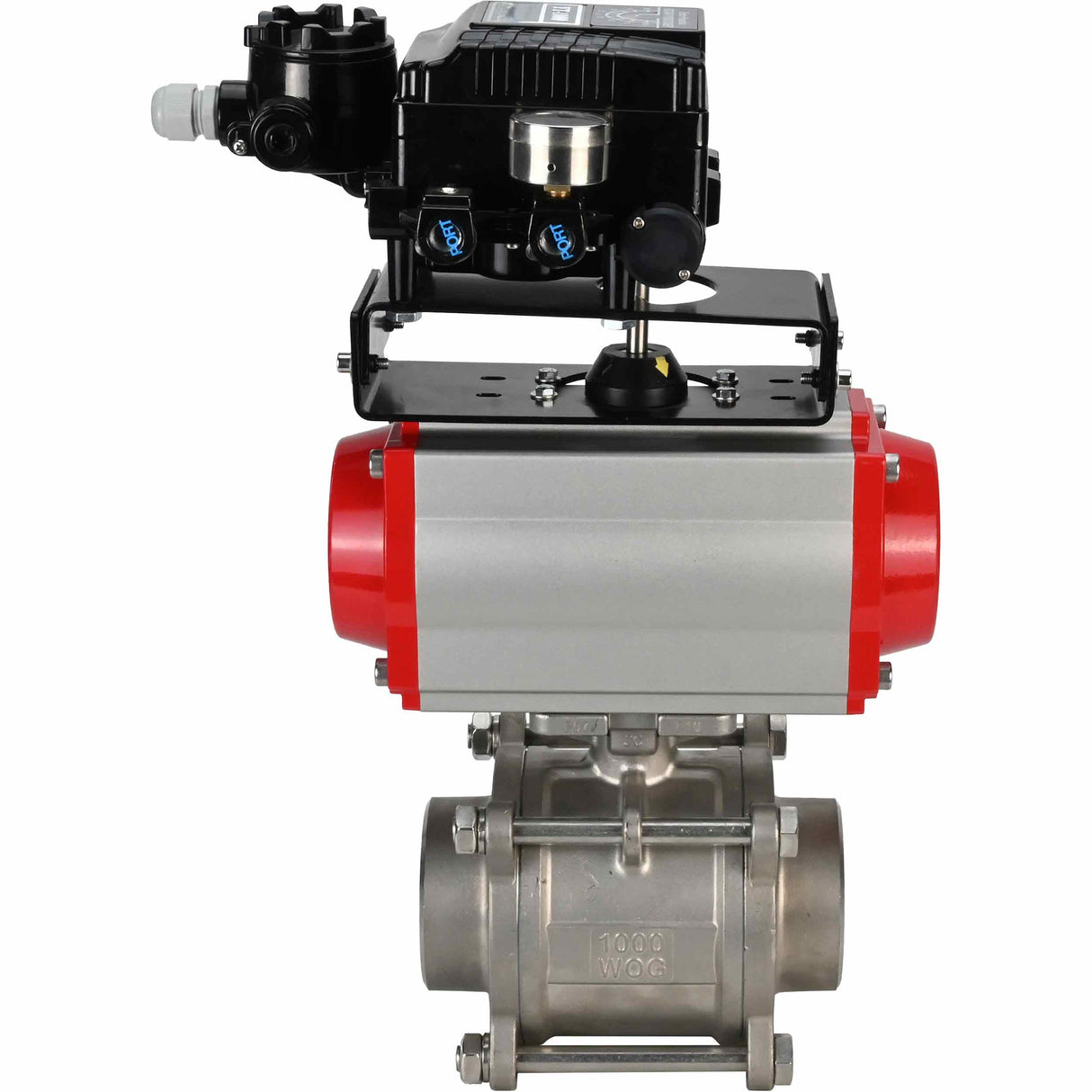 Válvula de bola de acero inoxidable Elephant kshpp-316200-da-yt1000rsn, material del cuerpo - acero inoxidable AISI 316, material de la bola - acero inoxidable AISI 316, sello - PTFE, actuador neumático operado