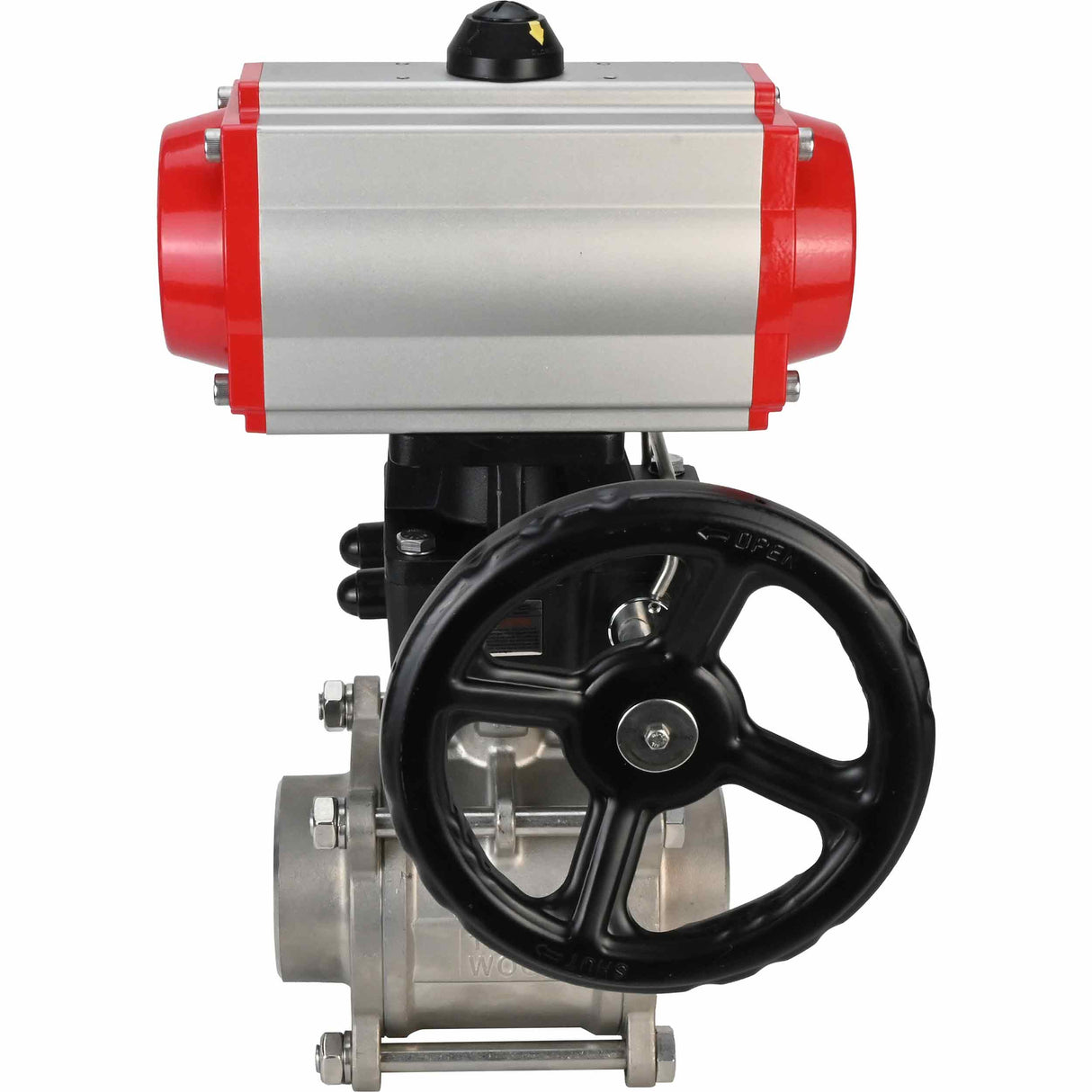 Válvula de bola de acero inoxidable Elephant kshpp-316200-da-hdm, material del cuerpo - acero inoxidable AISI 316, material de la bola - acero inoxidable AISI 316, sello - PTFE, actuador neumático operado