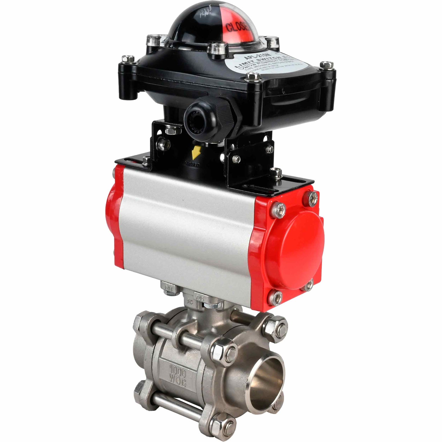 Válvula de bola de acero inoxidable Elephant kshpp-316200-da-4m310-24-apl210n, material del cuerpo - acero inoxidable AISI 316, material de la bola - acero inoxidable AISI 316, sello - PTFE, actuador neumático operado