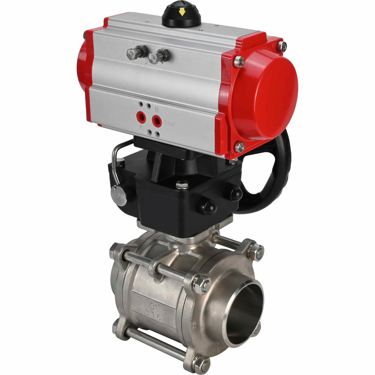 Válvula de bola de acero inoxidable Elephant kshpp-316200-da-hdm, material del cuerpo - acero inoxidable AISI 316, material de la bola - acero inoxidable AISI 316, sello - PTFE, actuador neumático operado