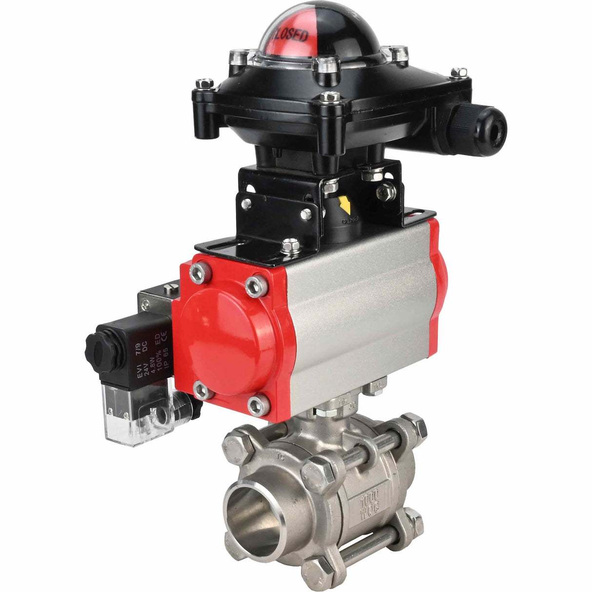 Válvula de bola de acero inoxidable Elephant kshpp-316200-da-4m310-24-apl210n, material del cuerpo - acero inoxidable AISI 316, material de la bola - acero inoxidable AISI 316, sello - PTFE, actuador neumático operado